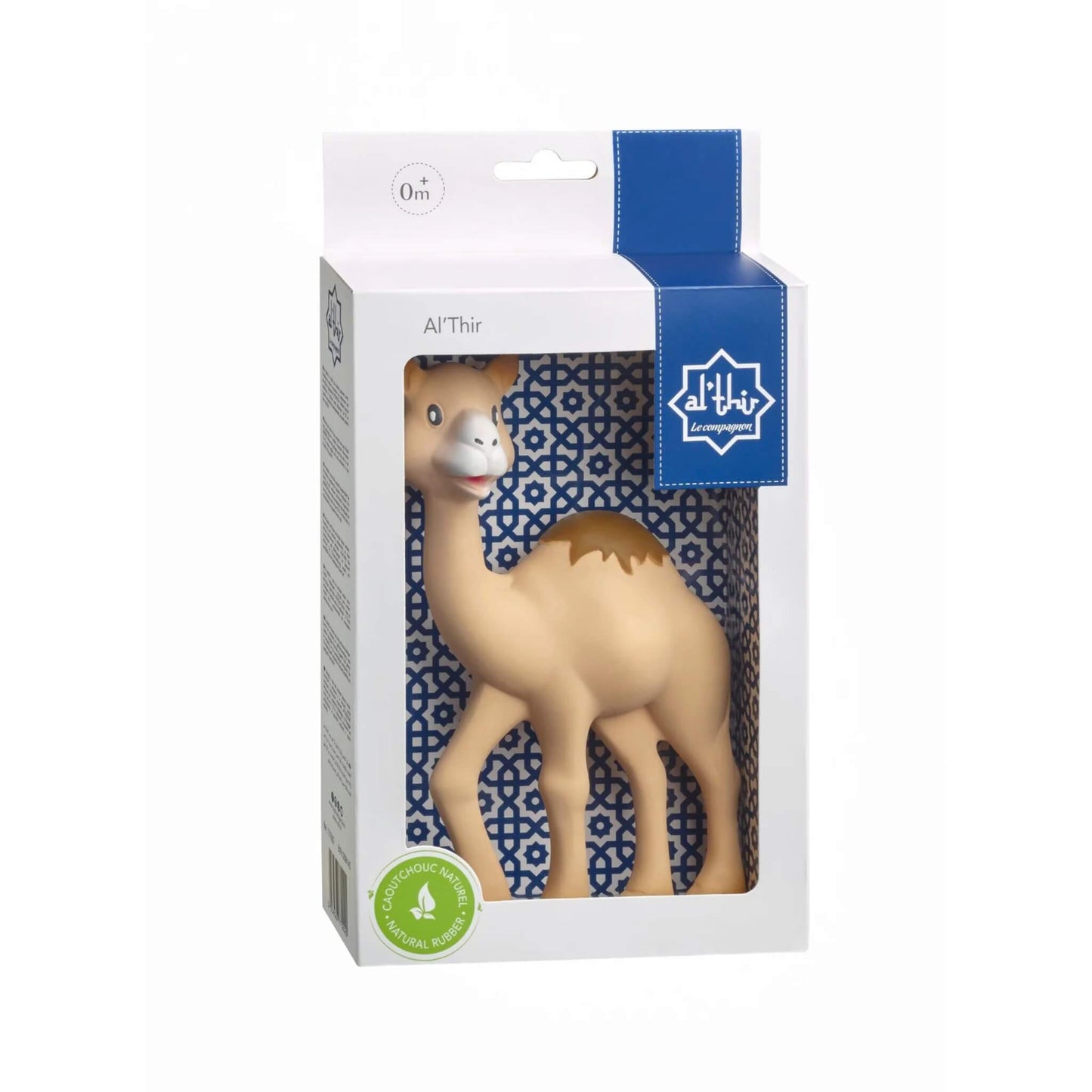 Sophie la Girafe Al’Thir the Companion natural rubber camel teething toy displayed inside branded cardboard packaging with patterned blue interior.