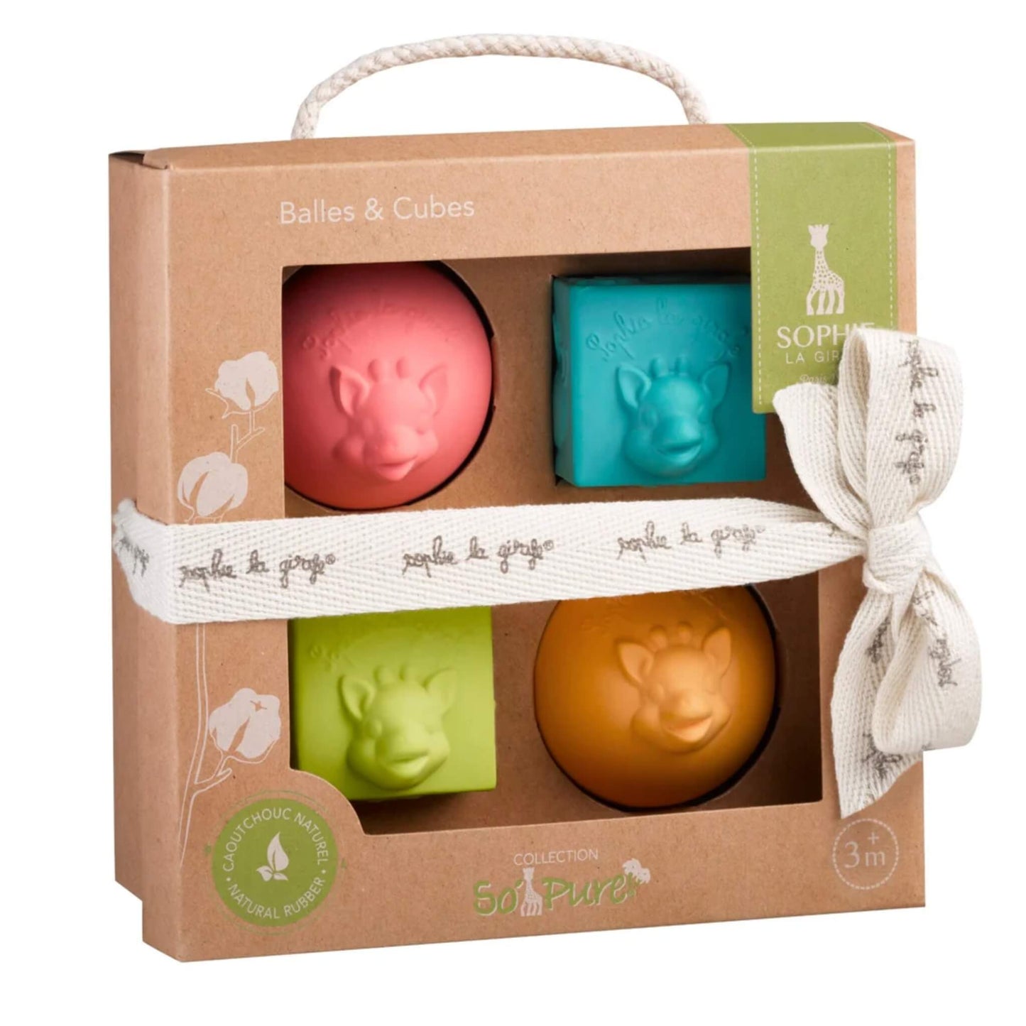 Sophie la Girafe So’Pure Balls & Cubes gift set displayed in a natural cardboard box with four textured rubber toys in pastel colours.
