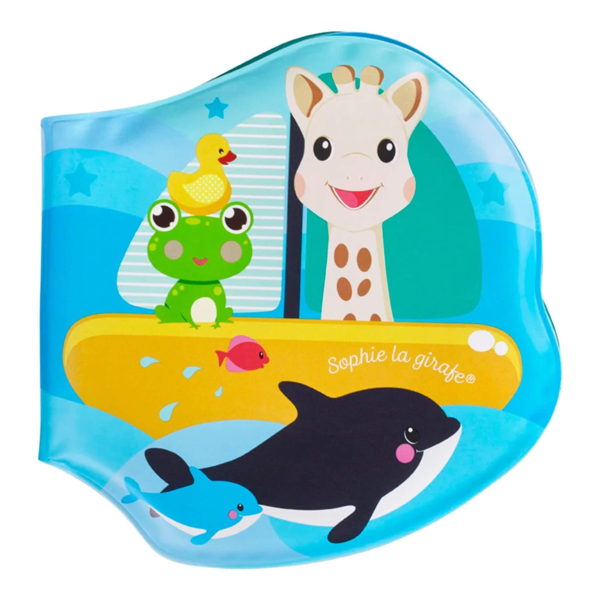 Sophie la Girafe bath book with bright blue cover showing Sophie on a yellow boat with a frog, duck and sea animals in a watery scene.