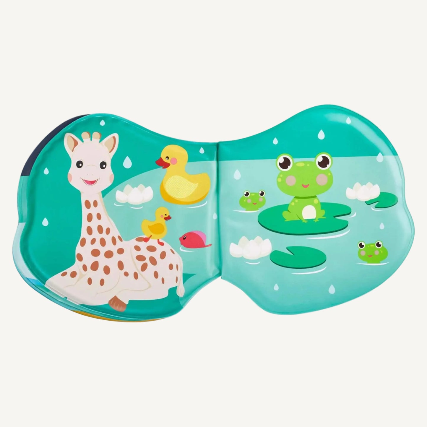 Open bath book page featuring Sophie la Girafe sitting beside ducks and frogs on lily pads in a pond scene with raindrops.