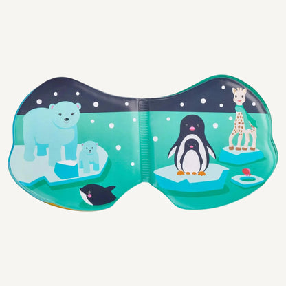 Open bath book page showing polar animals including bears and penguins standing on ice floes in a snowy illustrated landscape.