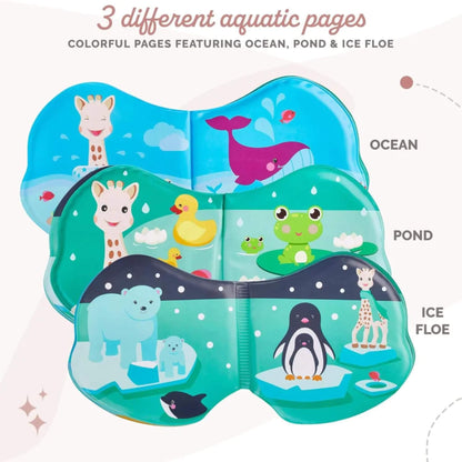 Illustration showing three waterproof bath book pages with ocean, pond and ice floe scenes, featuring Sophie la girafe, whales, frogs, ducks, penguins and polar bears.