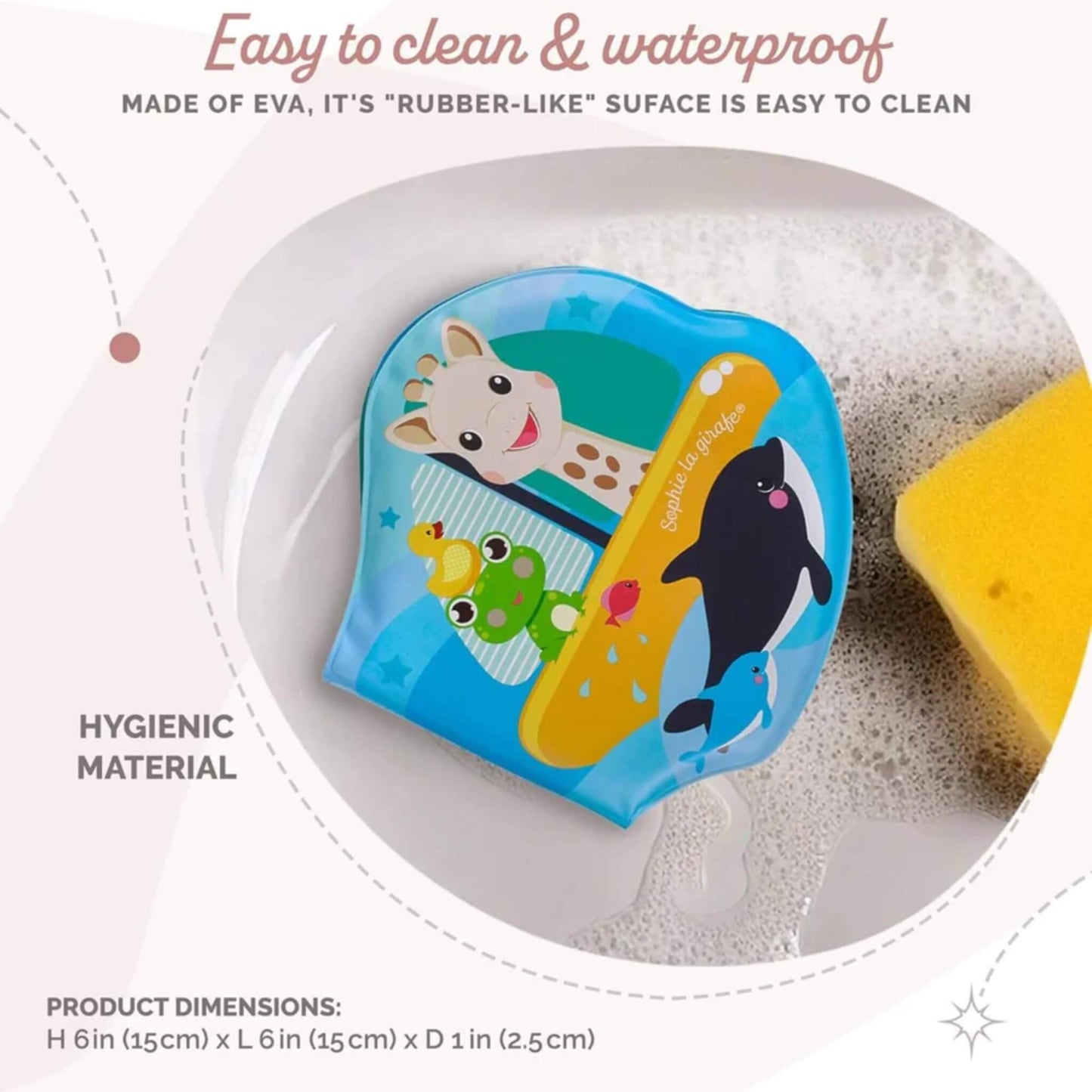 Soft waterproof bath book resting in soapy water beside a sponge, showing colourful aquatic illustrations and flexible EVA material designed for easy cleaning.