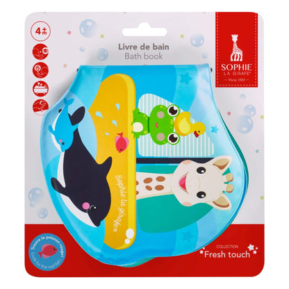 Retail packaging for a baby bath book, showing curved waterproof book with aquatic illustrations, age guidance icons and Fresh Touch collection branding.