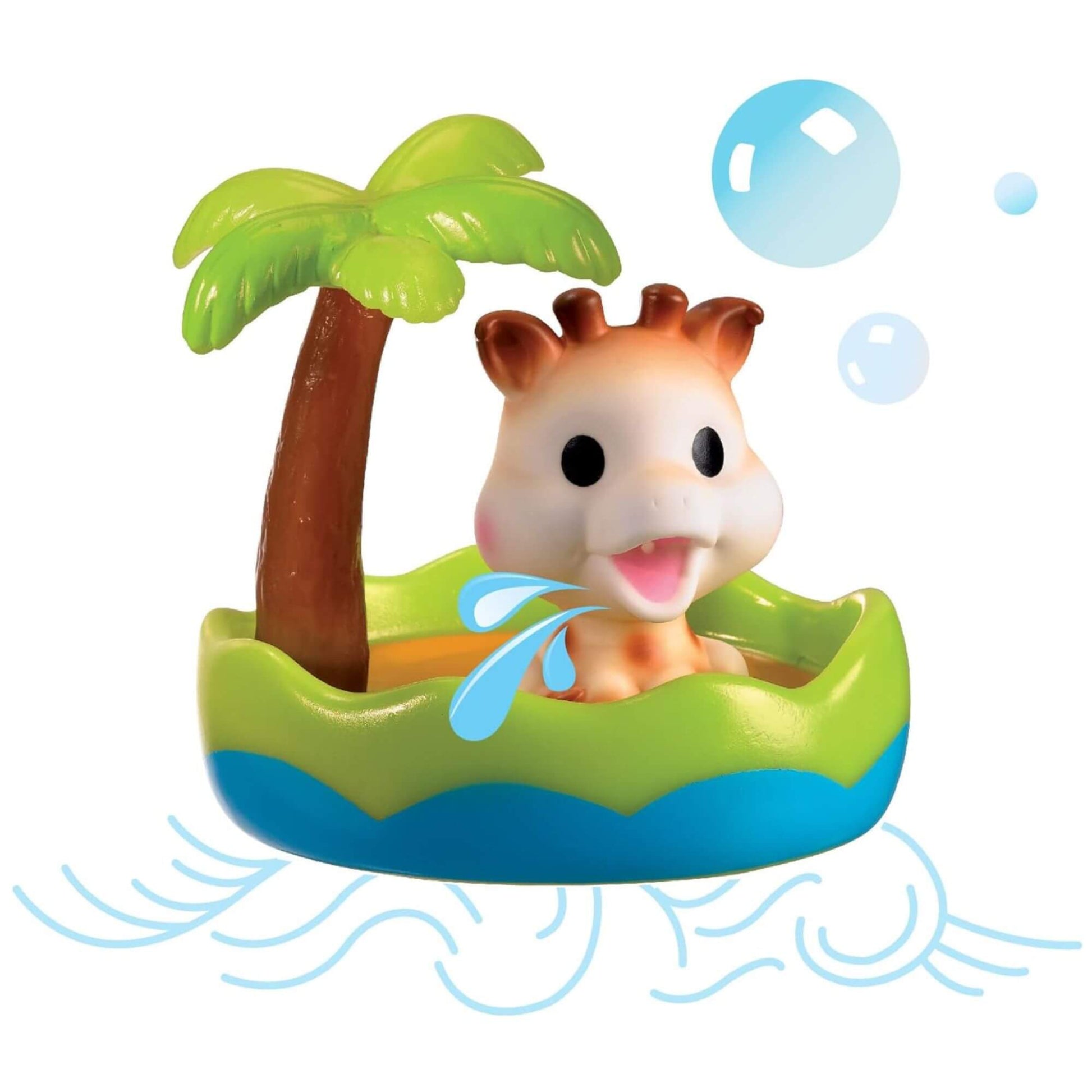 Bath toy in a tropical boat with a palm tree, featuring a fun water-squirting design for engaging bath time play.