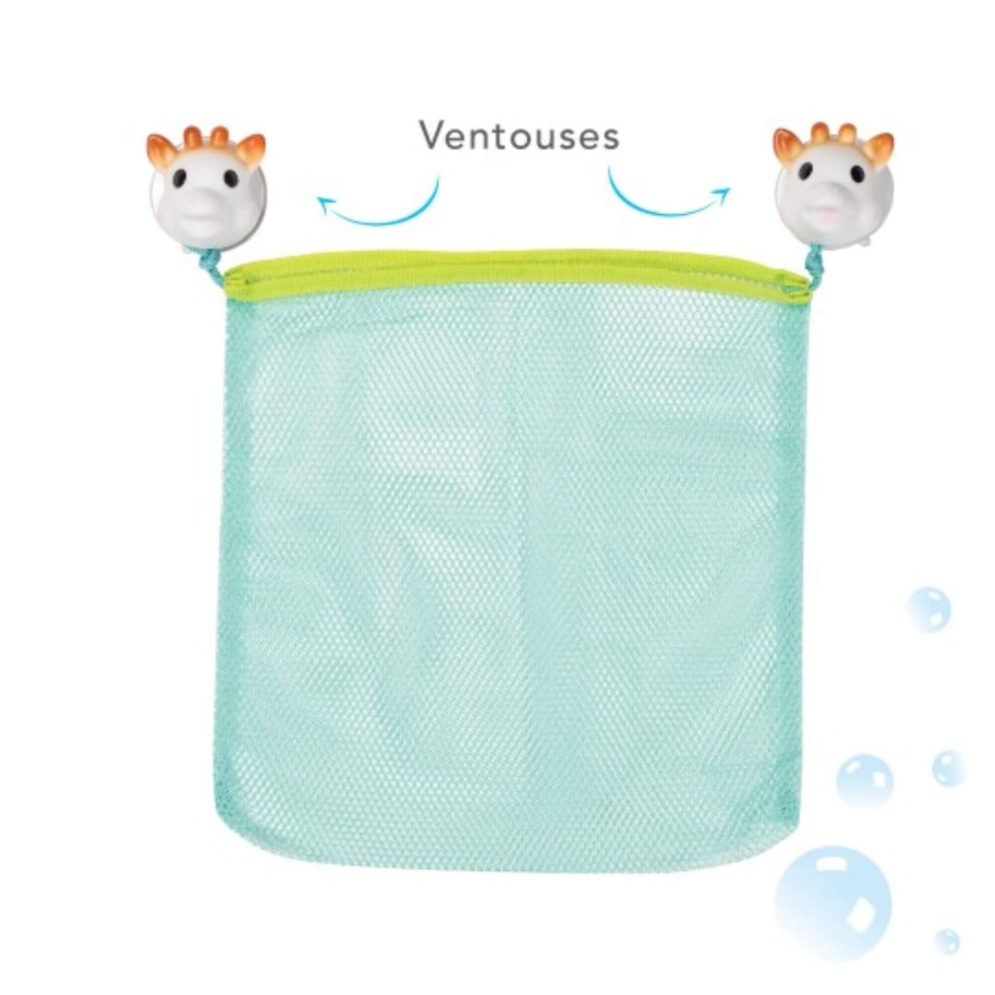 Bath toy storage net with suction cups for easy attachment, keeping bath toys organised and within reach.