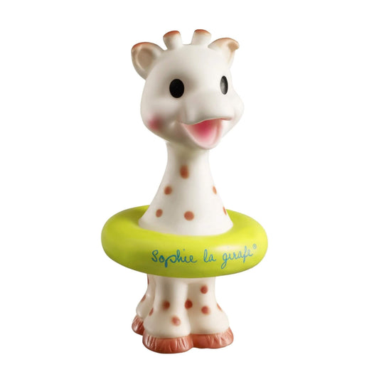Sophie La Girafe bath toy made from natural rubber, shown upright with a floating ring around the body.