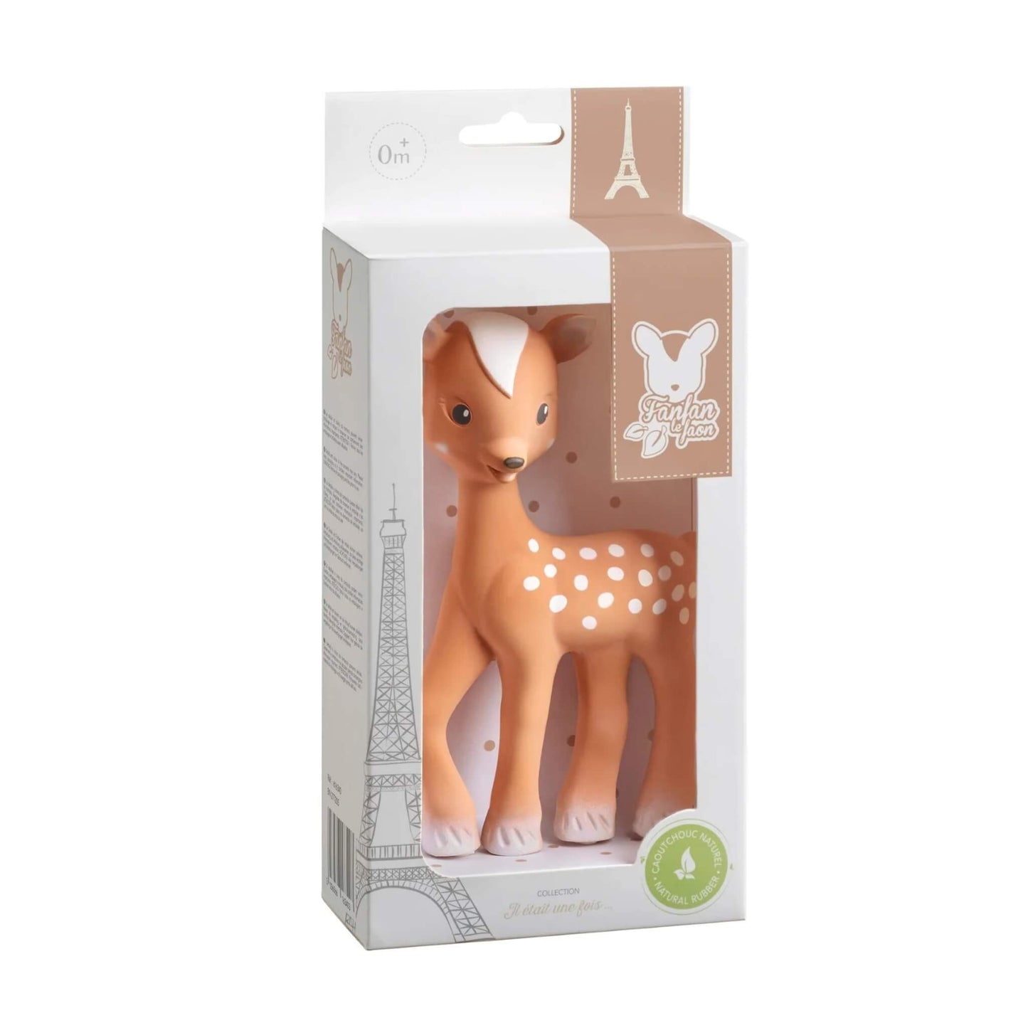 Sophie la Girafe Fanfan the Fawn natural rubber teething toy displayed inside branded cardboard packaging with soft beige accents and illustrated details.