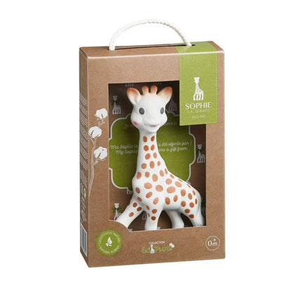 Sophie la Girafe Original So’Pure natural rubber teething toy displayed inside a recyclable brown cardboard gift box with rope handle and green branding panel.