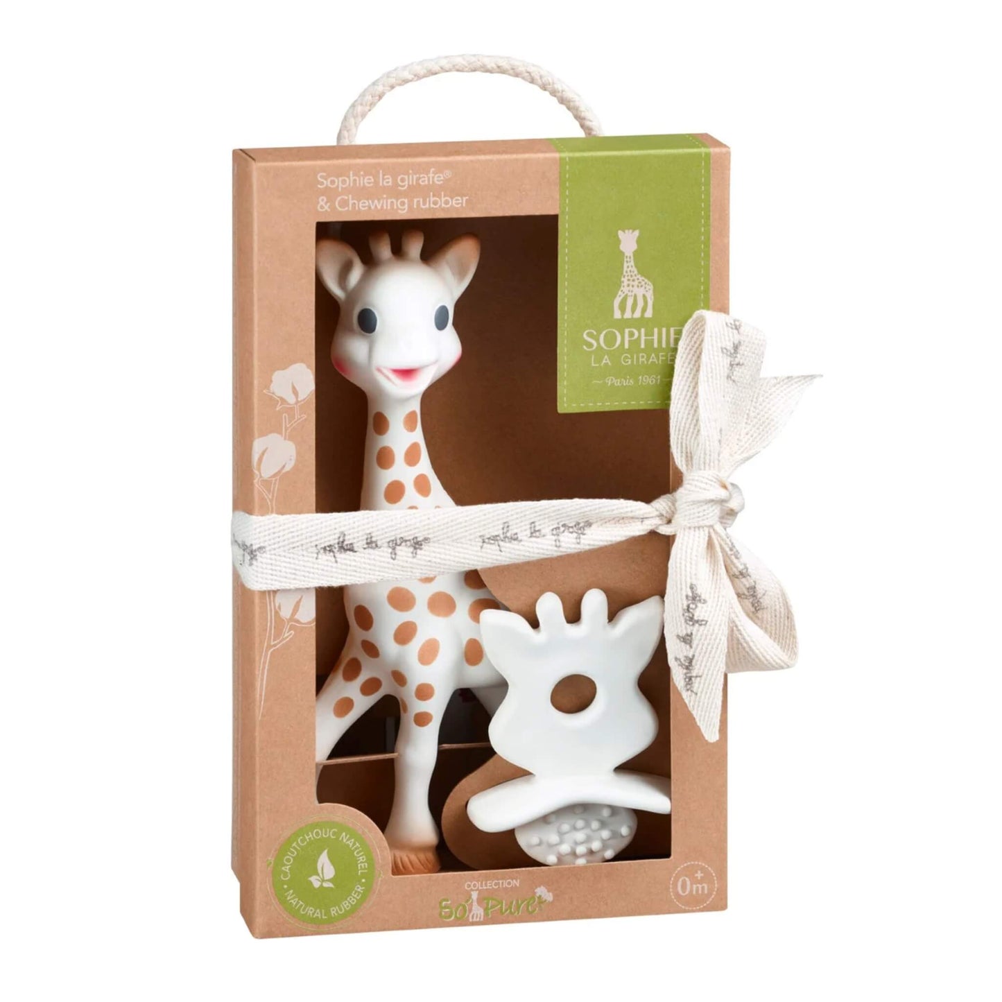 Sophie la Girafe Original Teether and Natural Teether So’Pure gift set presented in a recyclable brown cardboard box with fabric ribbon and rope carry handle.