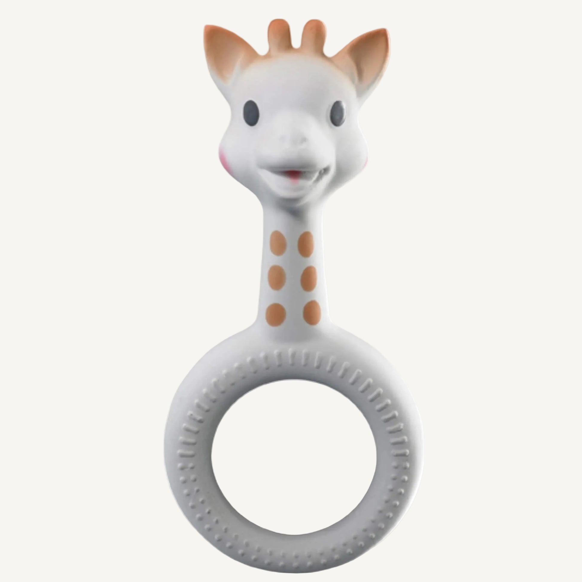 A white natural rubber giraffe-shaped ring teether with raised dot textures around a circular grip and a smooth giraffe head.