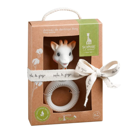 Sophie la Girafe So’Pure ring teether made from natural rubber, displayed in a recyclable brown cardboard gift box with rope handle and fabric ribbon.