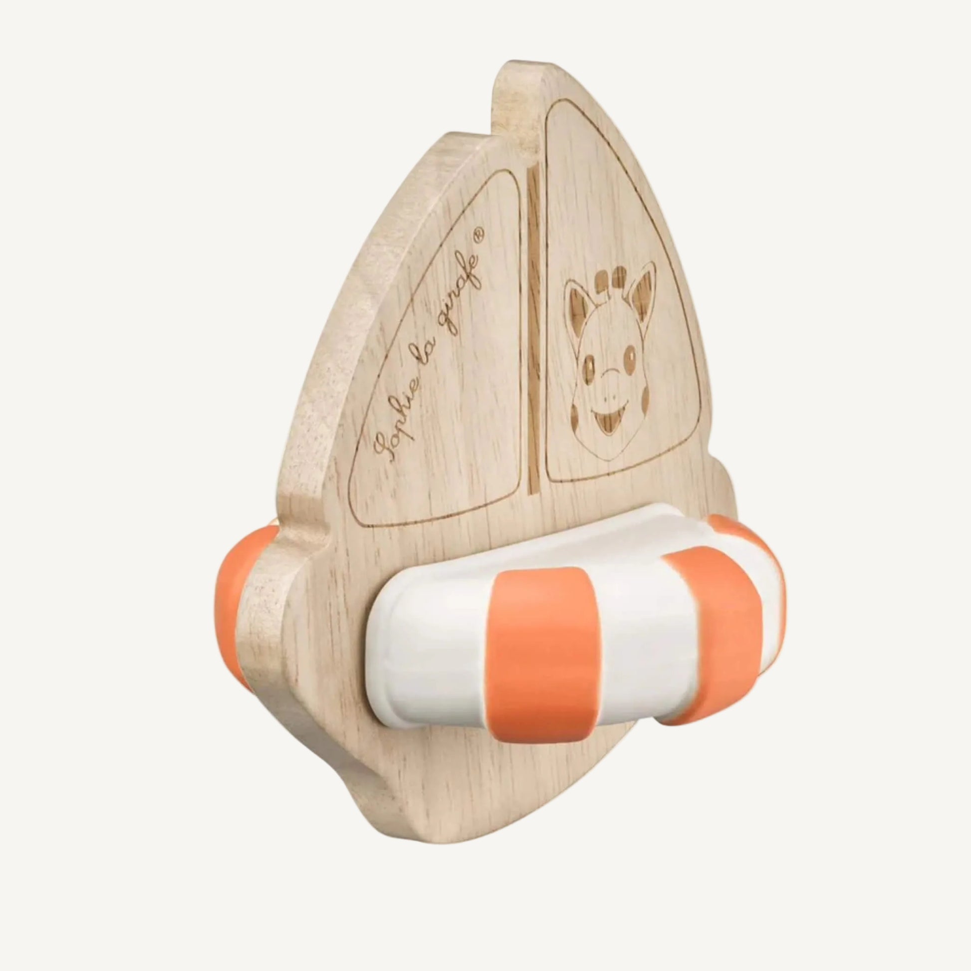 Angled side view of a rubberwood sailboat toy showing the thickness of the wooden sail and the rounded natural rubber float.