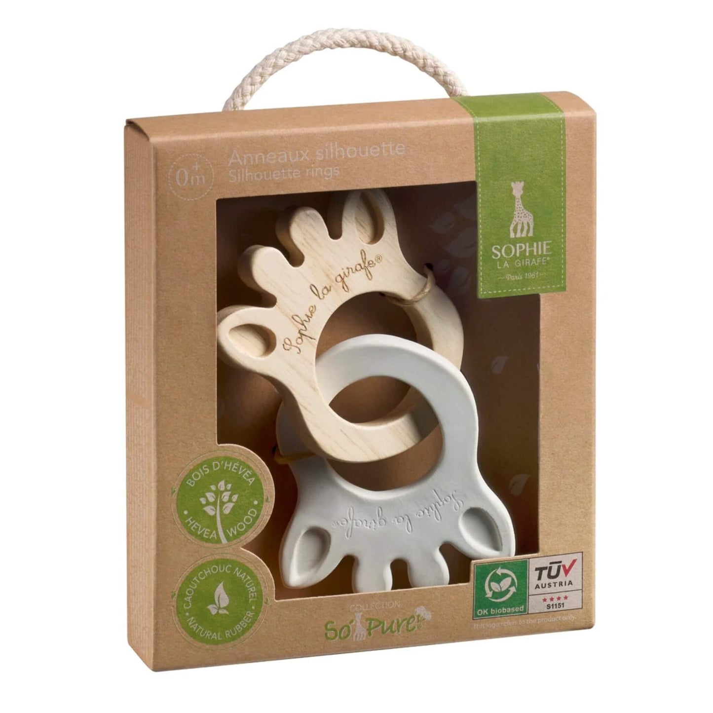 Sophie La Girafe Silhouette Rings So Pure gift set in kraft box with wooden and natural rubber giraffe-shaped teething rings.