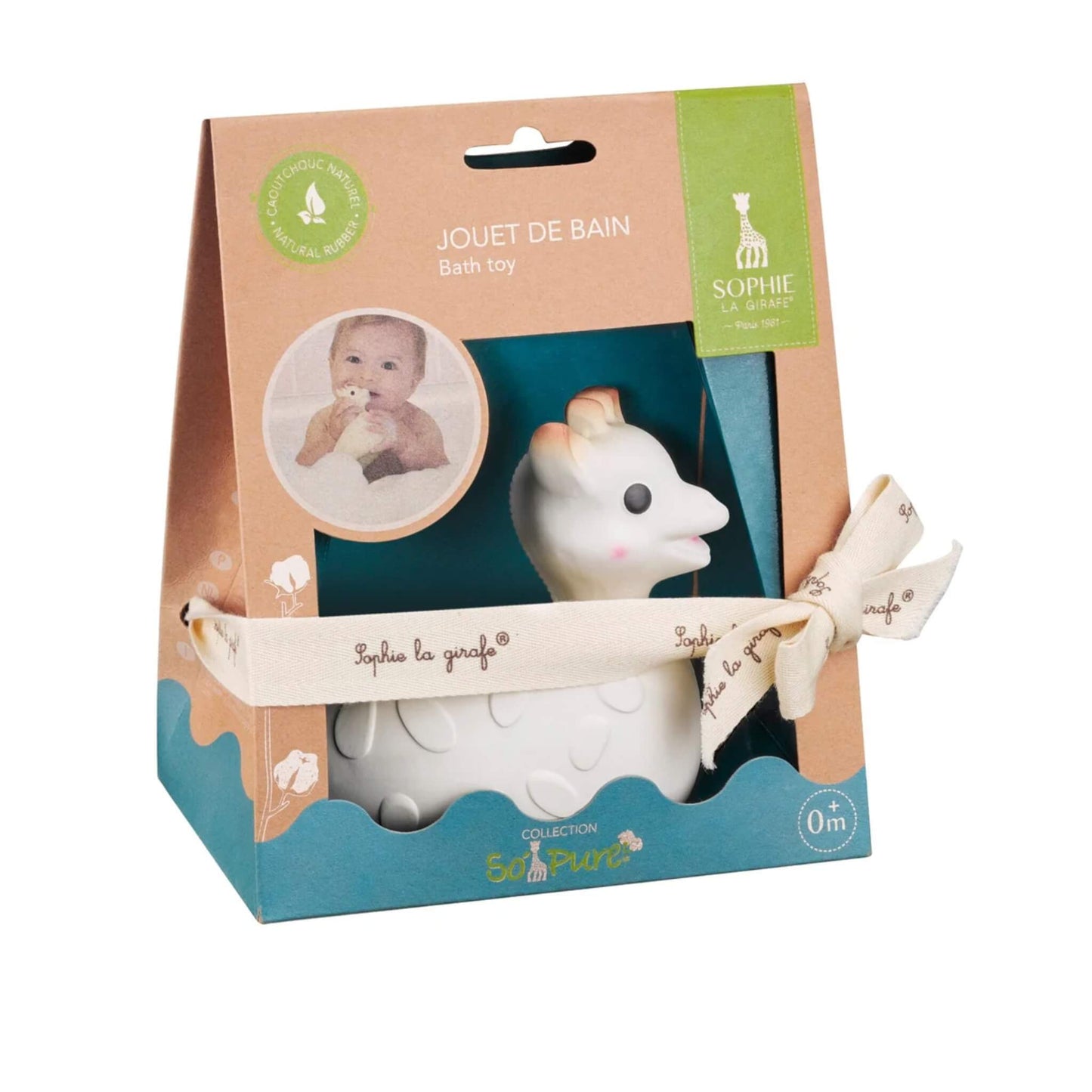 Sophie La Girafe So’ Pure Bath Toy shown inside recyclable cardboard packaging with window display and fabric ribbon tie.