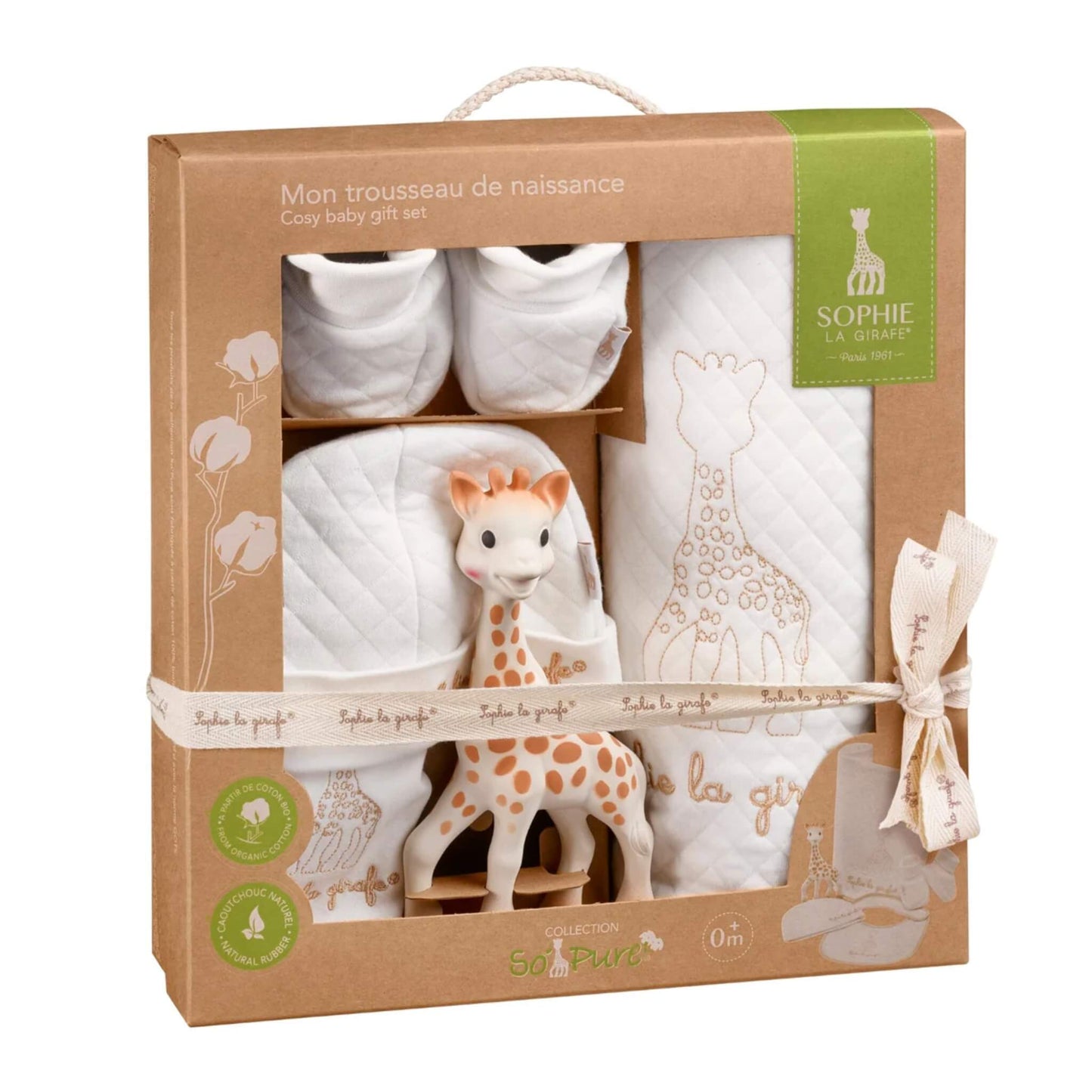 Sophie La Girafe So Pure My Birth Outfit gift set presented in a kraft box, including a natural rubber giraffe toy, quilted blanket, hat, bib, and booties.