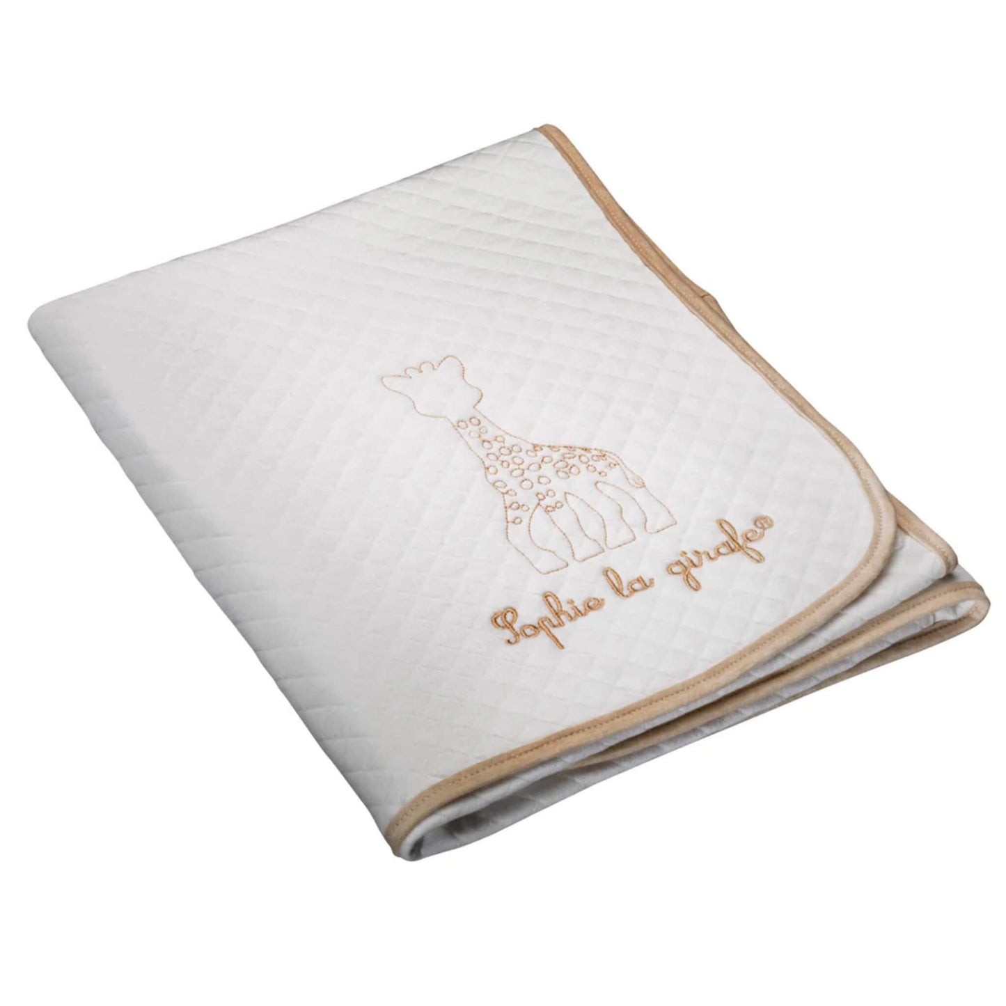 A folded white quilted baby blanket with beige trim and stitched giraffe motif visible on the surface.