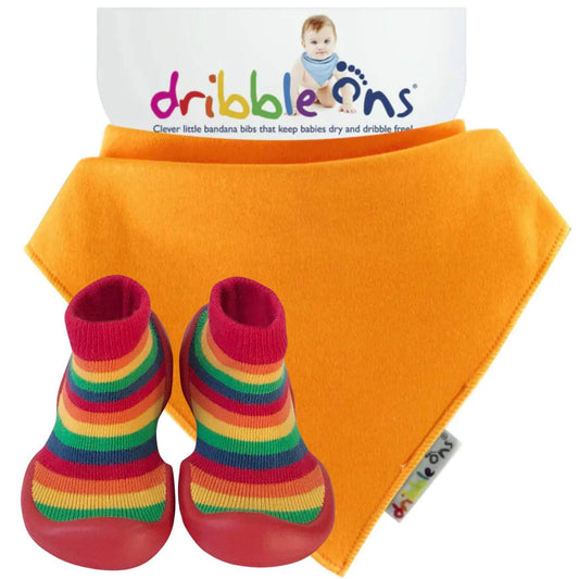Dribble Ons orange bandana bib and rainbow Step Ons bundle with a bright orange bib and colourful striped Step Ons with red soles.