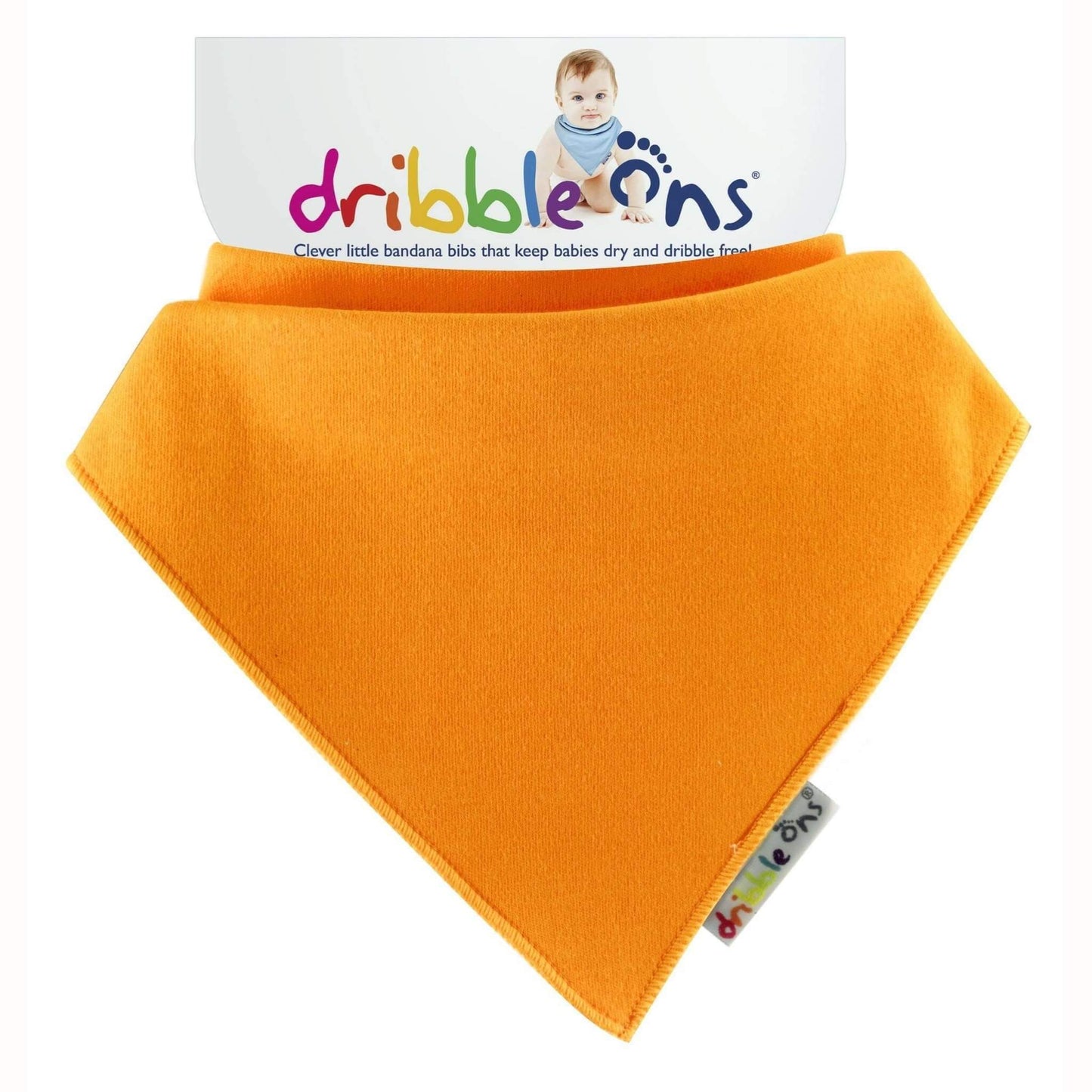 Bright orange bandana bib with soft fleece fabric, simple plain design and Dribble Ons label tag at the side.