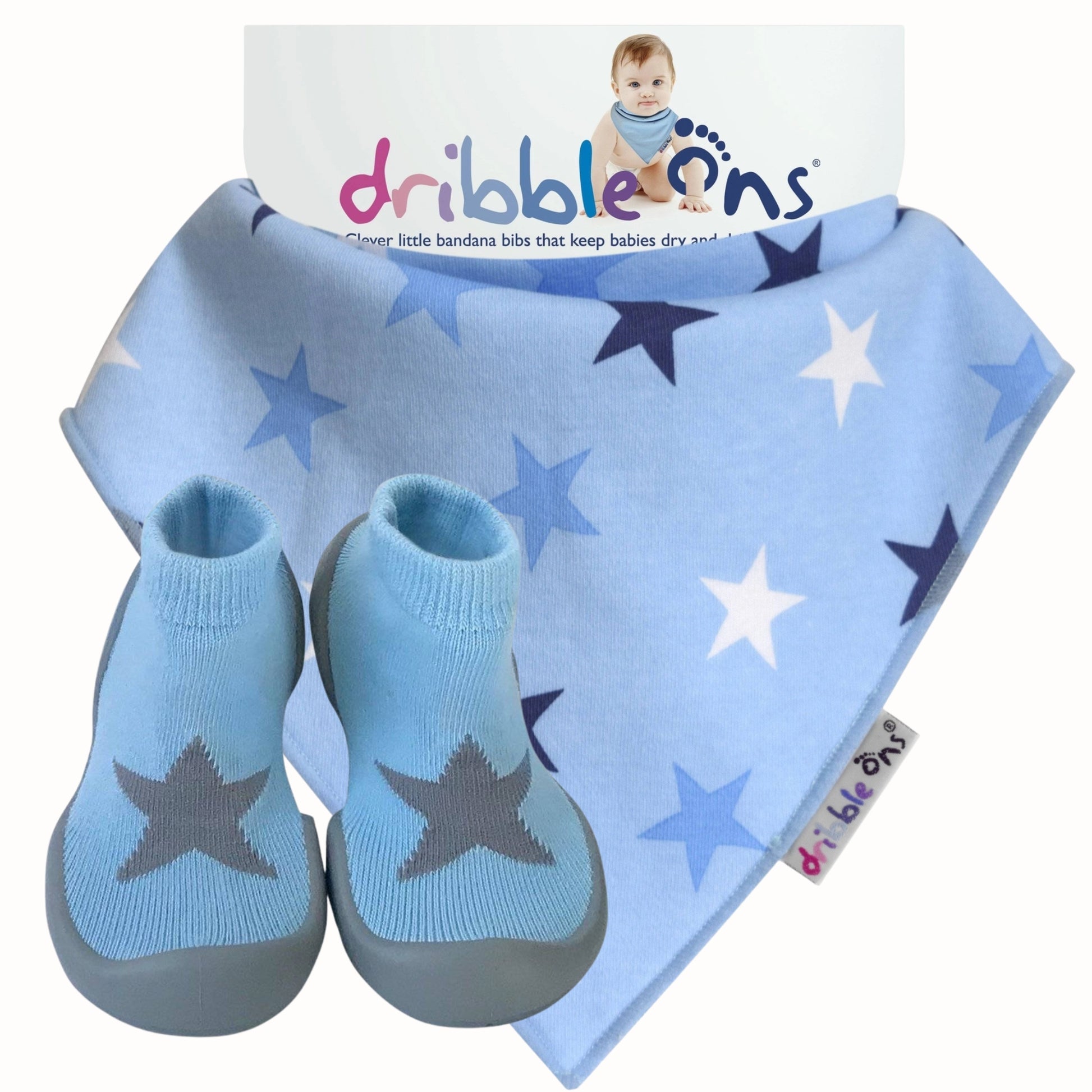 Matching blue Dribble Ons bandana bib and blue star Step Ons set with soft blue tones, scattered star print and grey star detail on the front of each shoe.