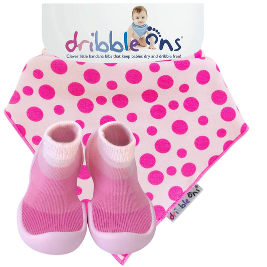 Dribble Ons Pink Spot Bandana Bib and Step Ons bundle with a pale pink bib covered in bright pink spots and matching soft pink Step Ons.
