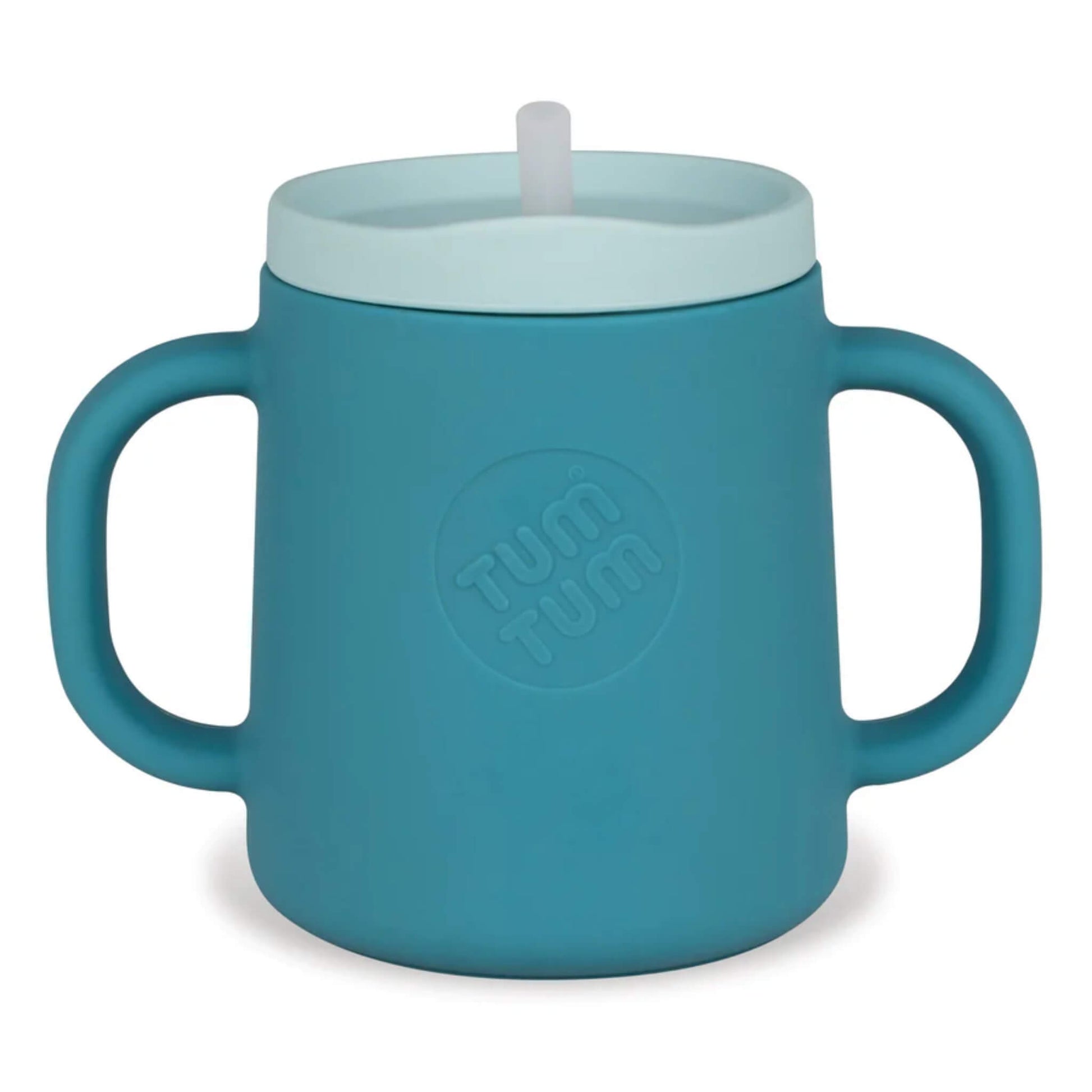 TUM TUM 3 Way Silicone Trainer Cup in blue with free-flow straw lid, two side handles, and a wide stable base, shown upright against a plain background.