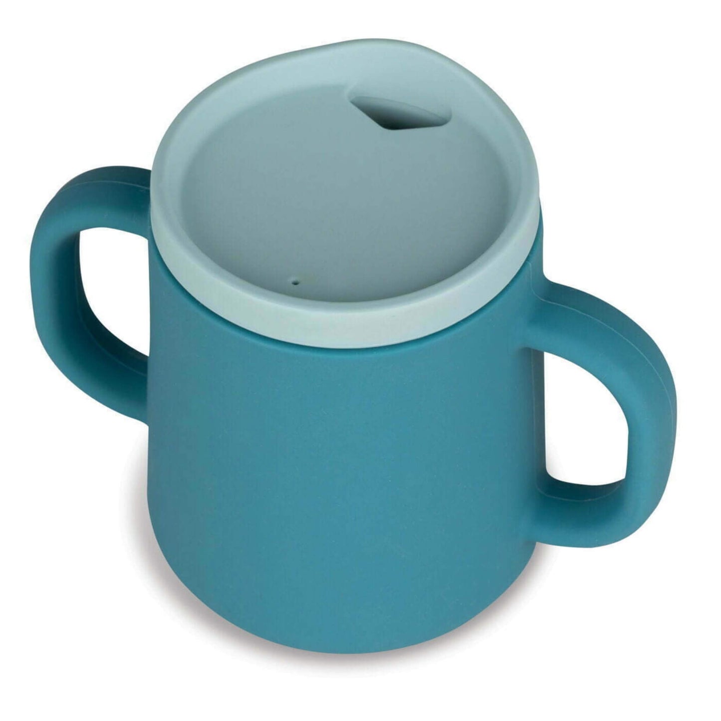 A blue silicone trainer cup with a recessed spout lid and two large handles, designed for controlled sipping during transition to open cup drinking.