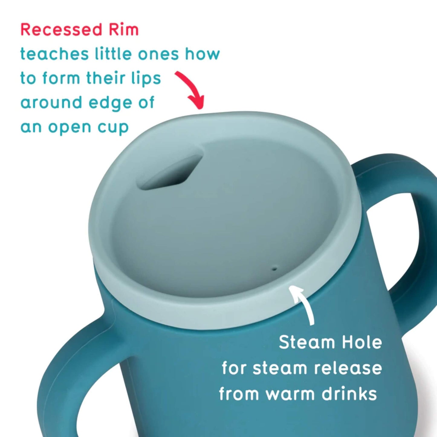 A close-up of a blue silicone cup fitted with a recessed drinking lid, showing the shaped rim and a small steam hole near the edge.