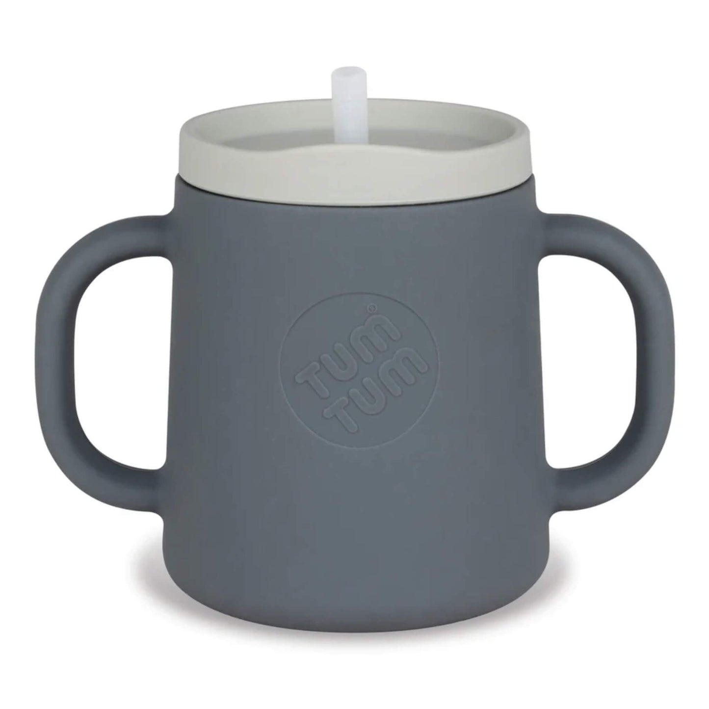 TUM TUM 3 Way Silicone Trainer Cup in grey with two side handles and a free-flow straw lid.