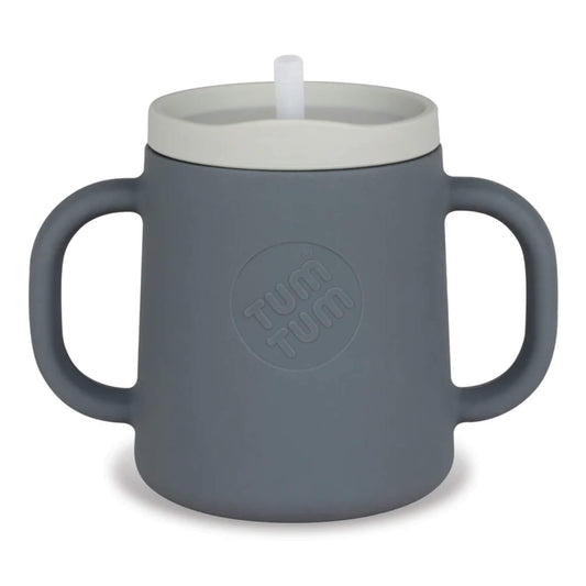 TUM TUM 3 Way Silicone Trainer Cup in grey with two side handles and a free-flow straw lid.