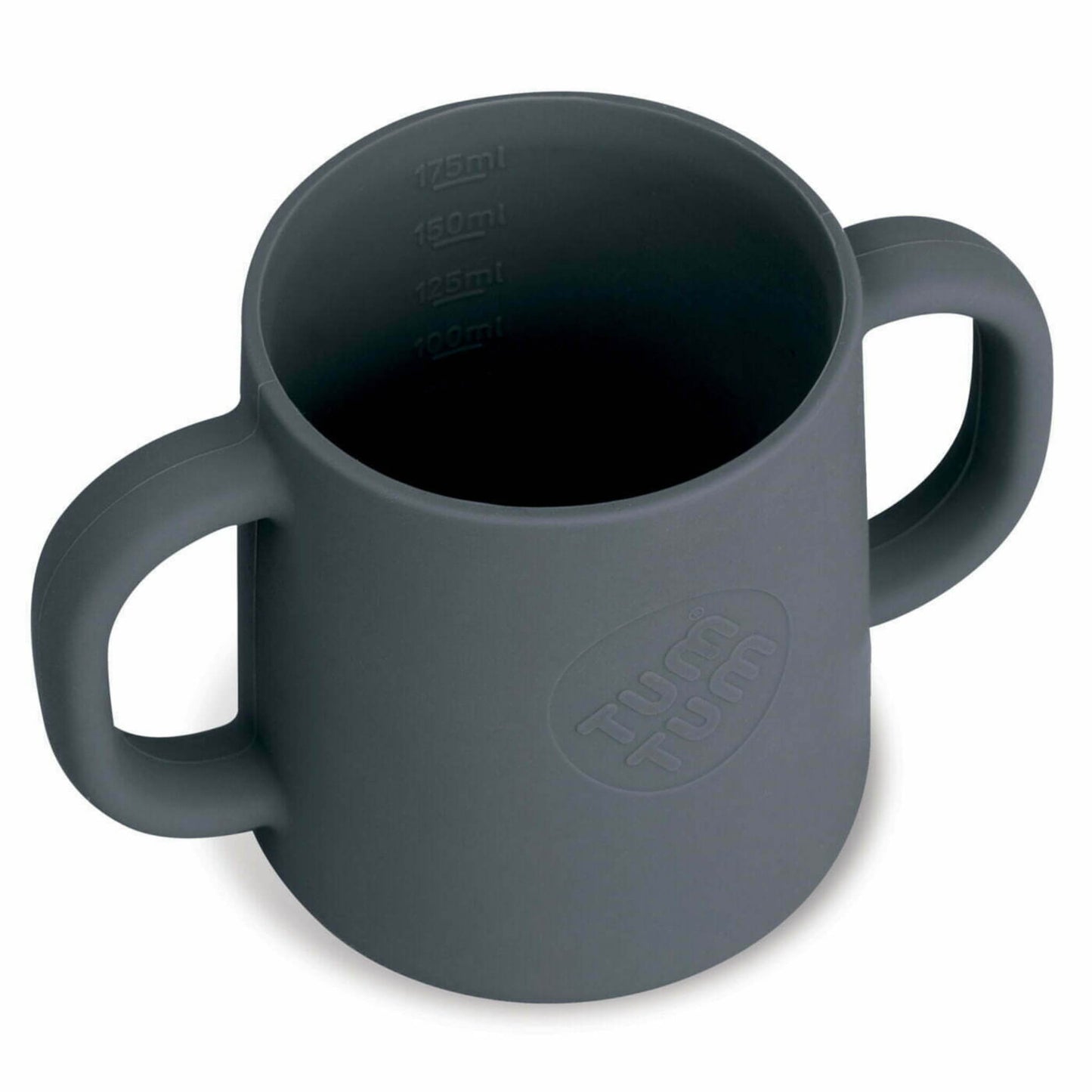 A grey silicone cup with two side handles, and internal measurement markings inside cup.