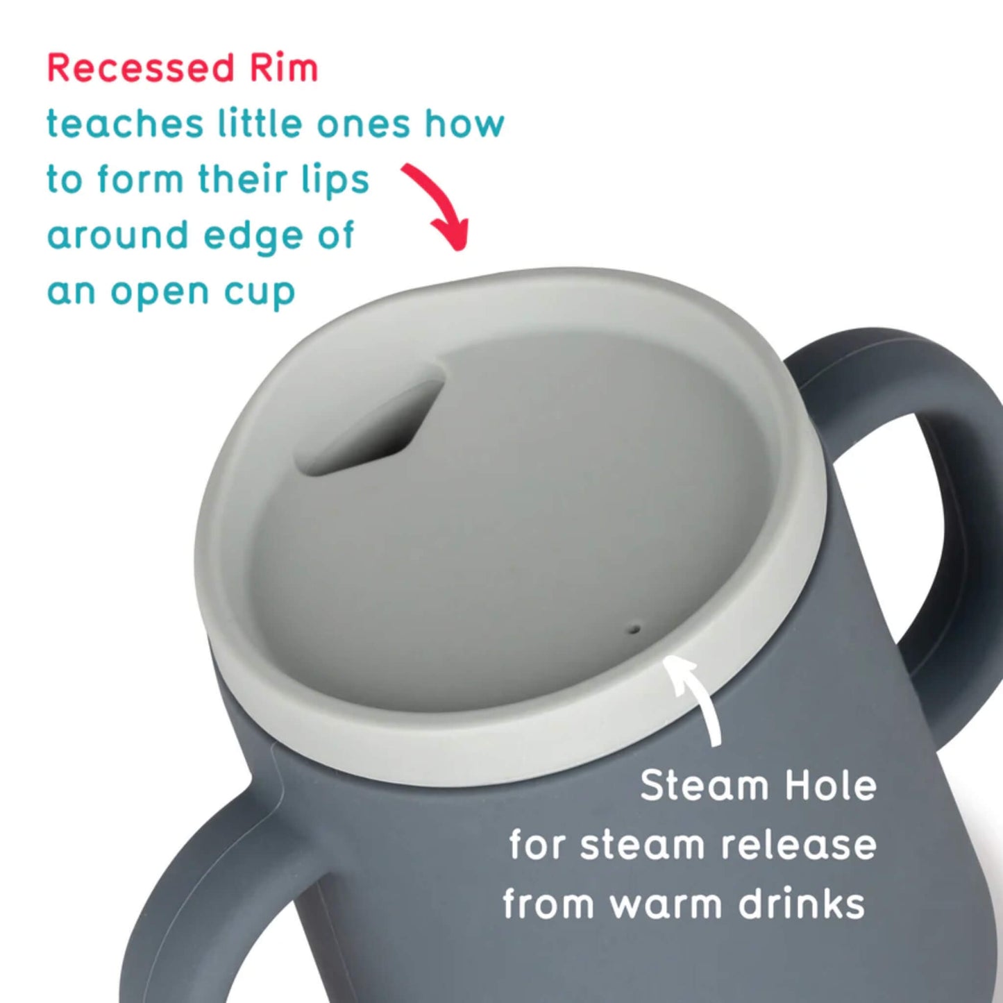 A close-up of a grey silicone cup fitted with a recessed drinking lid, showing a shaped sip opening and a small vent hole on the lid surface.