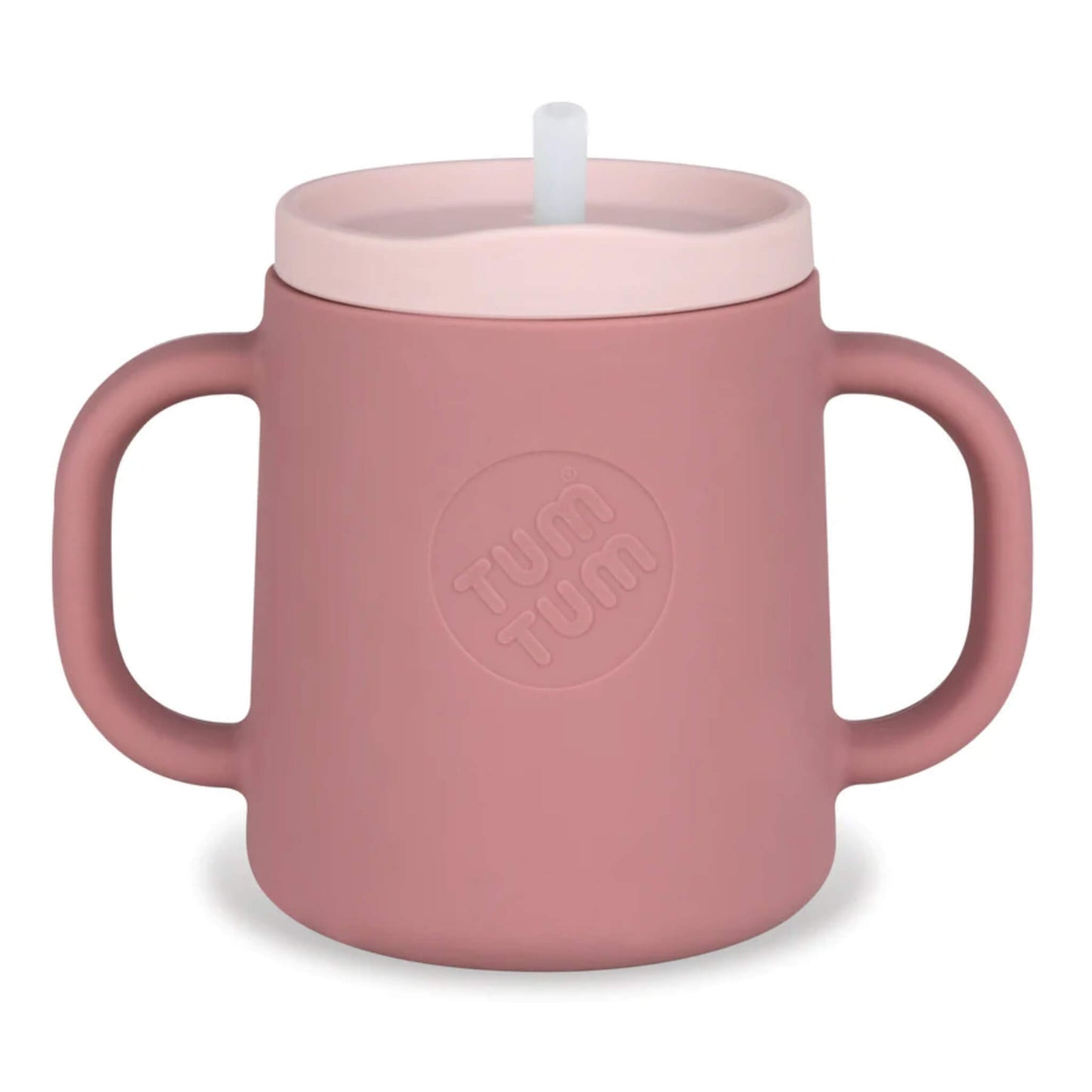 TUM TUM 3 Way Silicone Trainer Cup in dusty pink with two handles and a free-flow straw lid, shown upright on a plain background.