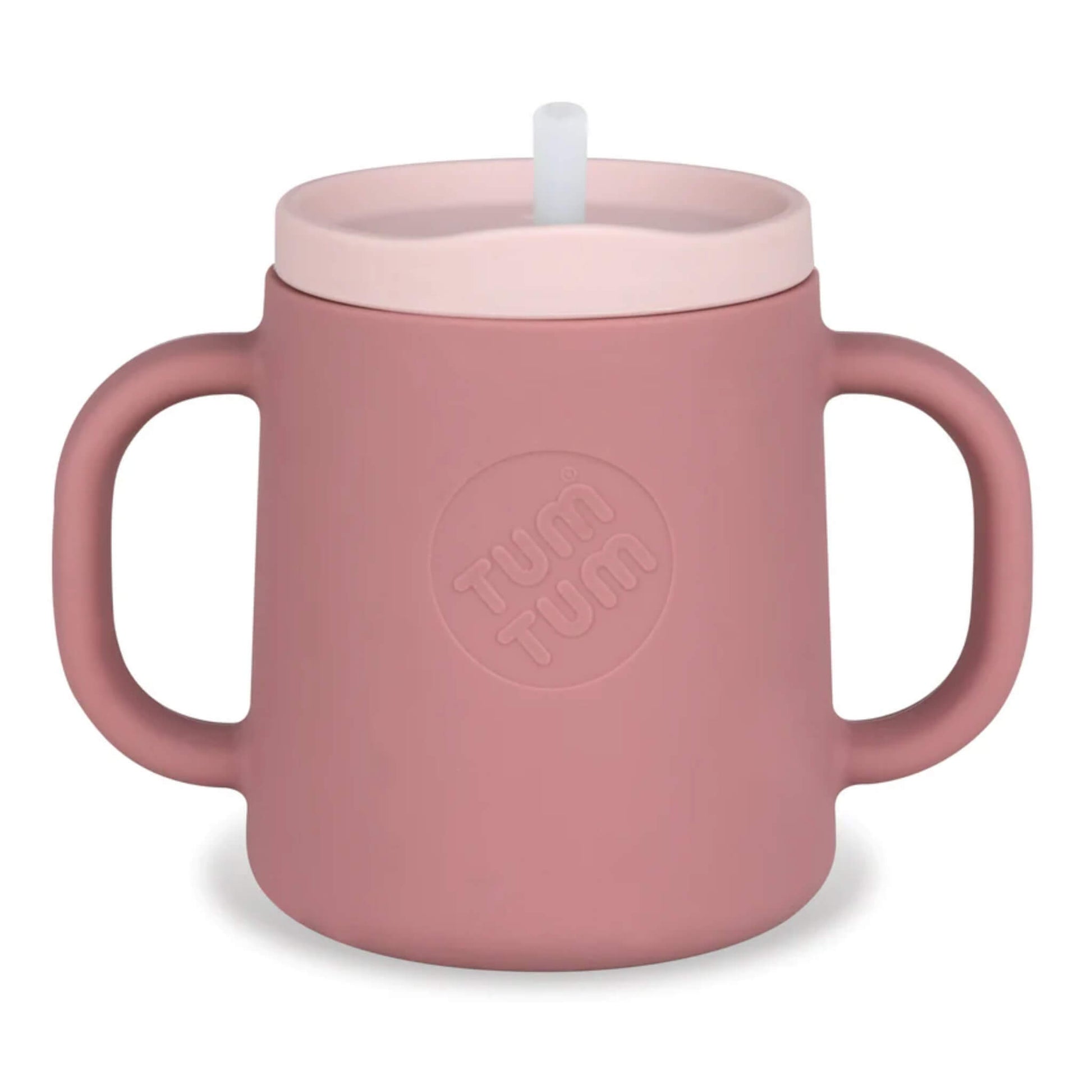 TUM TUM 3 Way Silicone Trainer Cup in dusty pink with two handles and a free-flow straw lid, shown upright on a plain background.