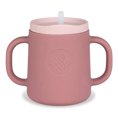 TUM TUM 3 Way Silicone Trainer Cup in dusty pink with two handles and a free-flow straw lid, shown upright on a plain background.