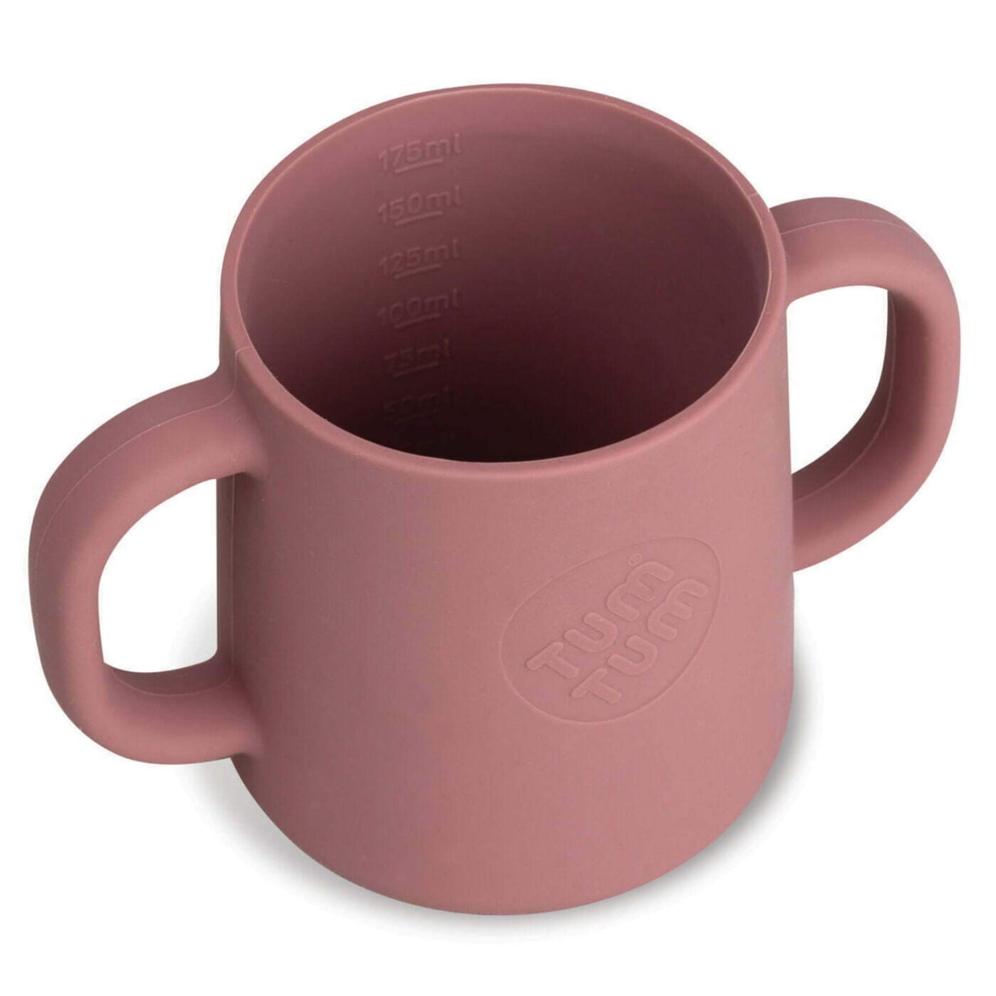 Open dusty pink silicone cup with two handles, showing internal volume measurement markings inside the cup.