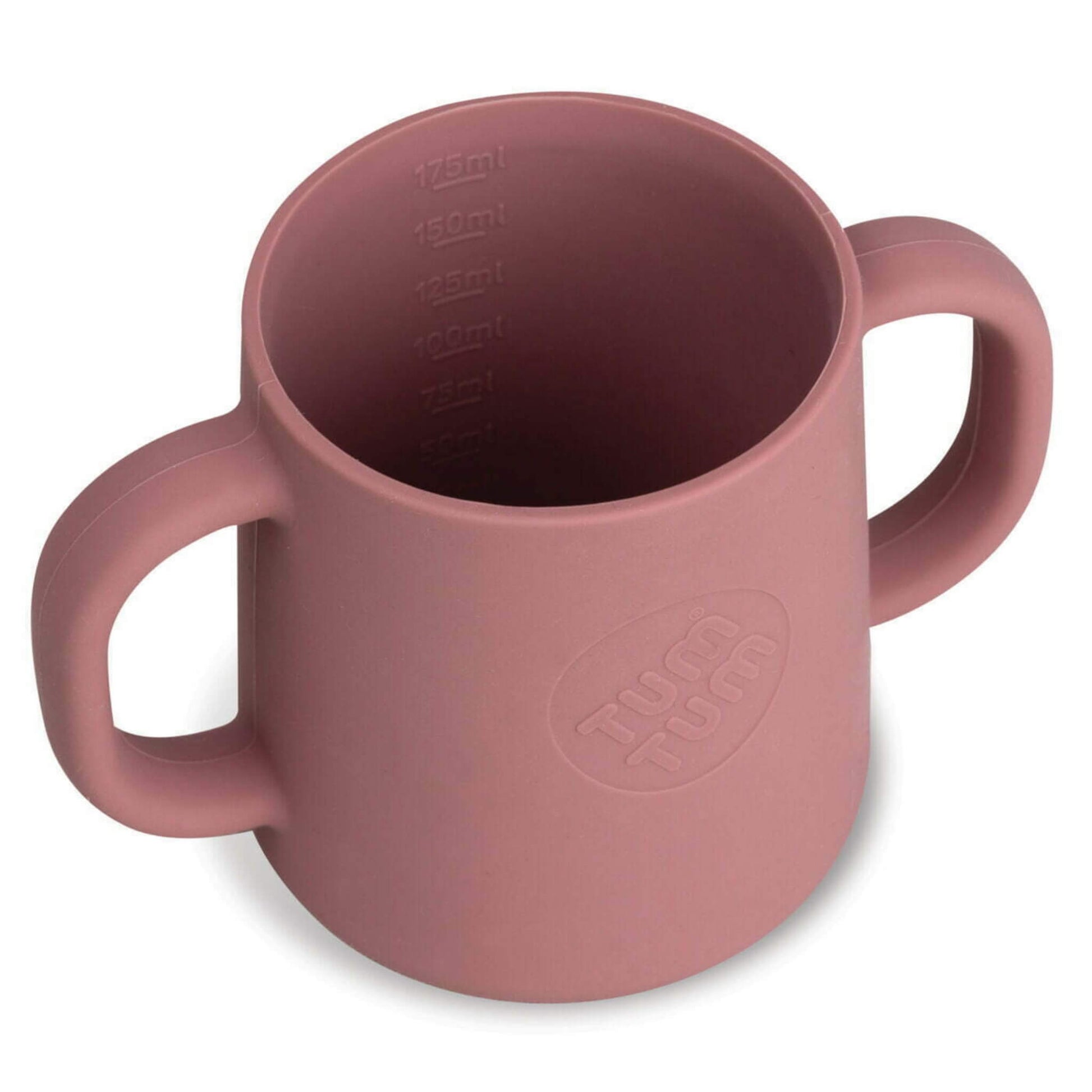 Open dusty pink silicone cup with two handles, showing internal volume measurement markings inside the cup.