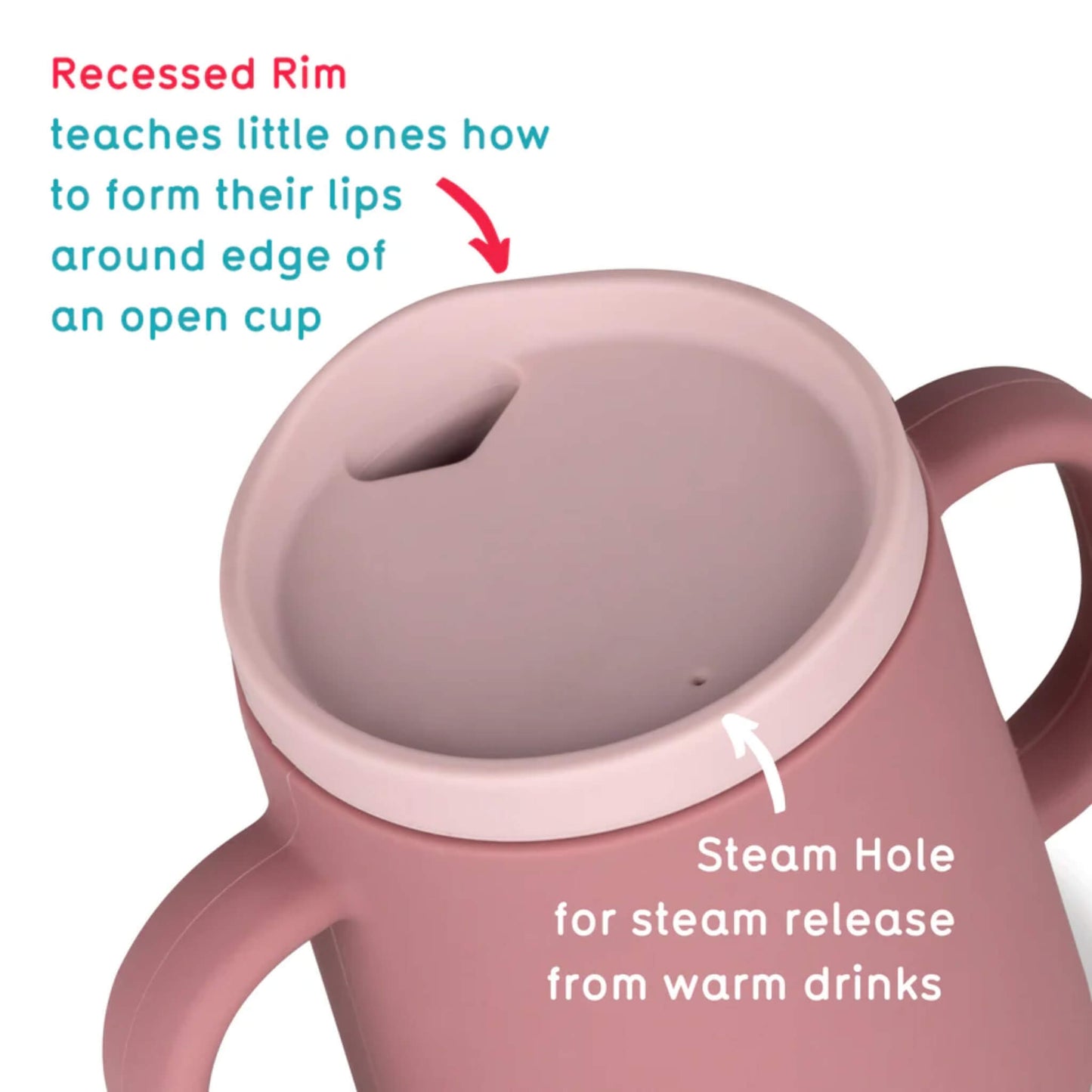 Close-up of a recessed rim transition lid fitted to a pink silicone cup, showing the shaped drinking edge and small steam release hole.
