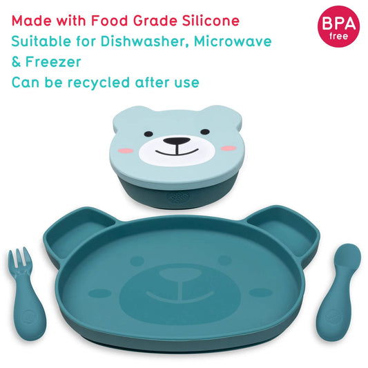 Blue "Boris Bear" character baby feeding set, featuring a bear-shaped plate, snack pot, spoon, and fork, made from BPA-free food-grade silicone.