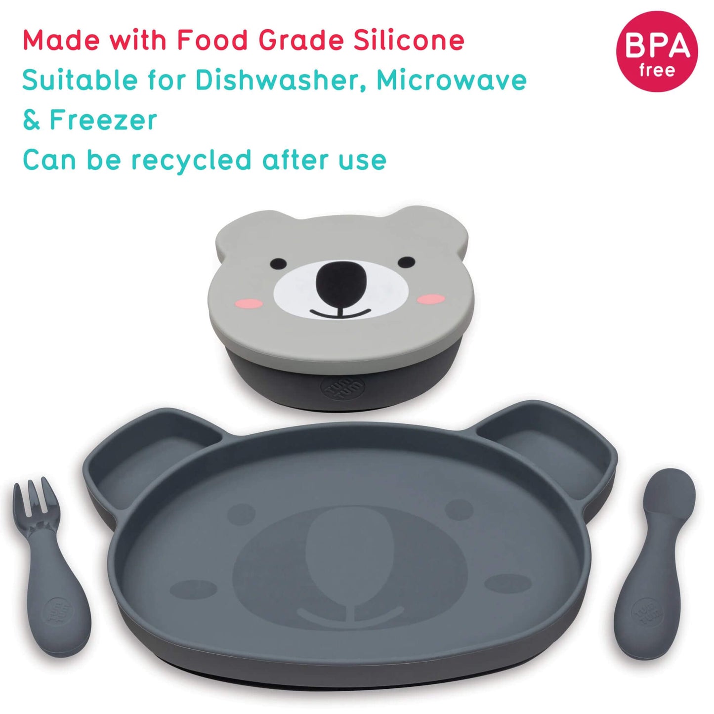 Toddler silicone feeding set in grey, featuring a bear-shaped plate, snack pot, spoon, and fork, made from BPA-free food-grade silicone.