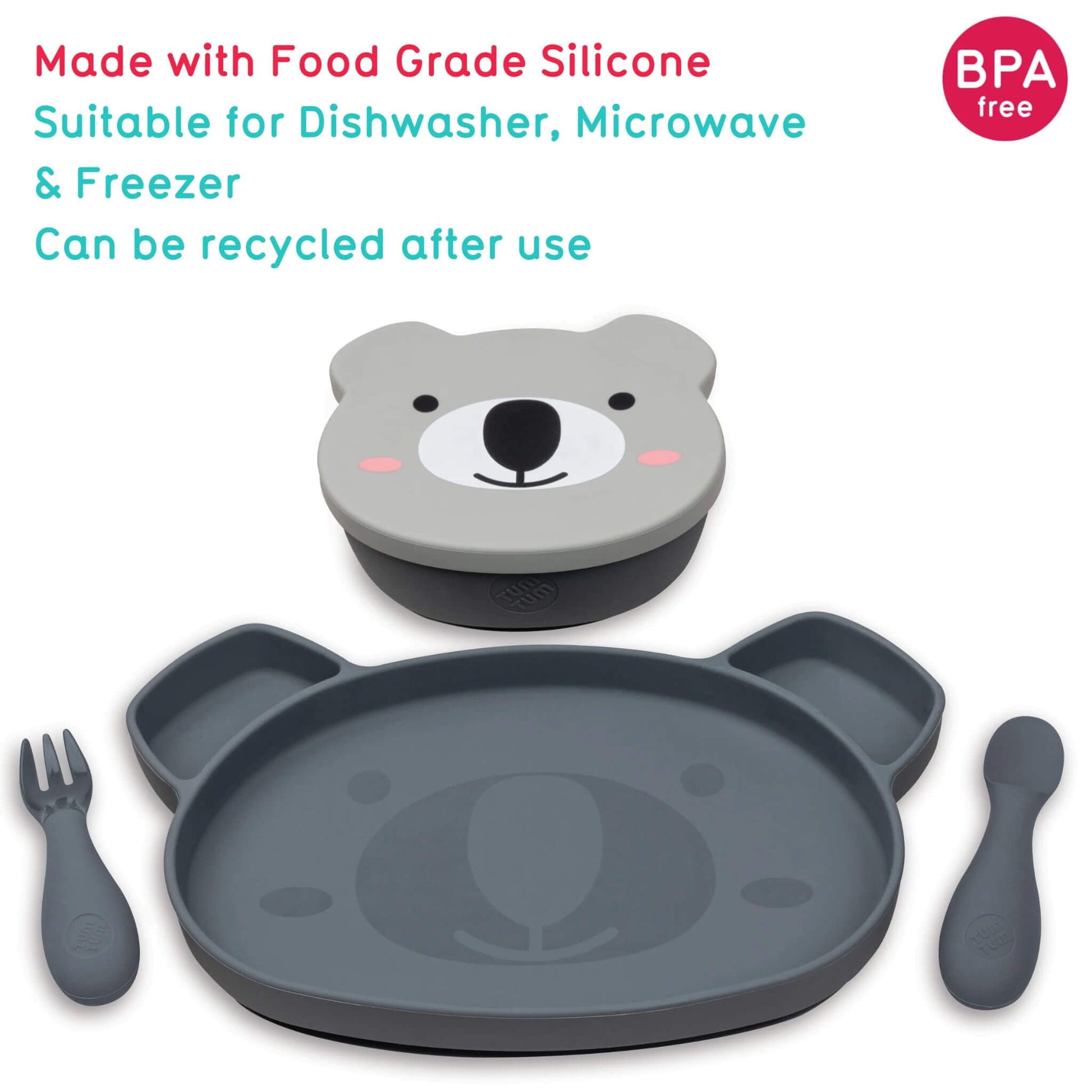 Toddler silicone feeding set in grey, featuring a bear-shaped plate, snack pot, spoon, and fork, made from BPA-free food-grade silicone.