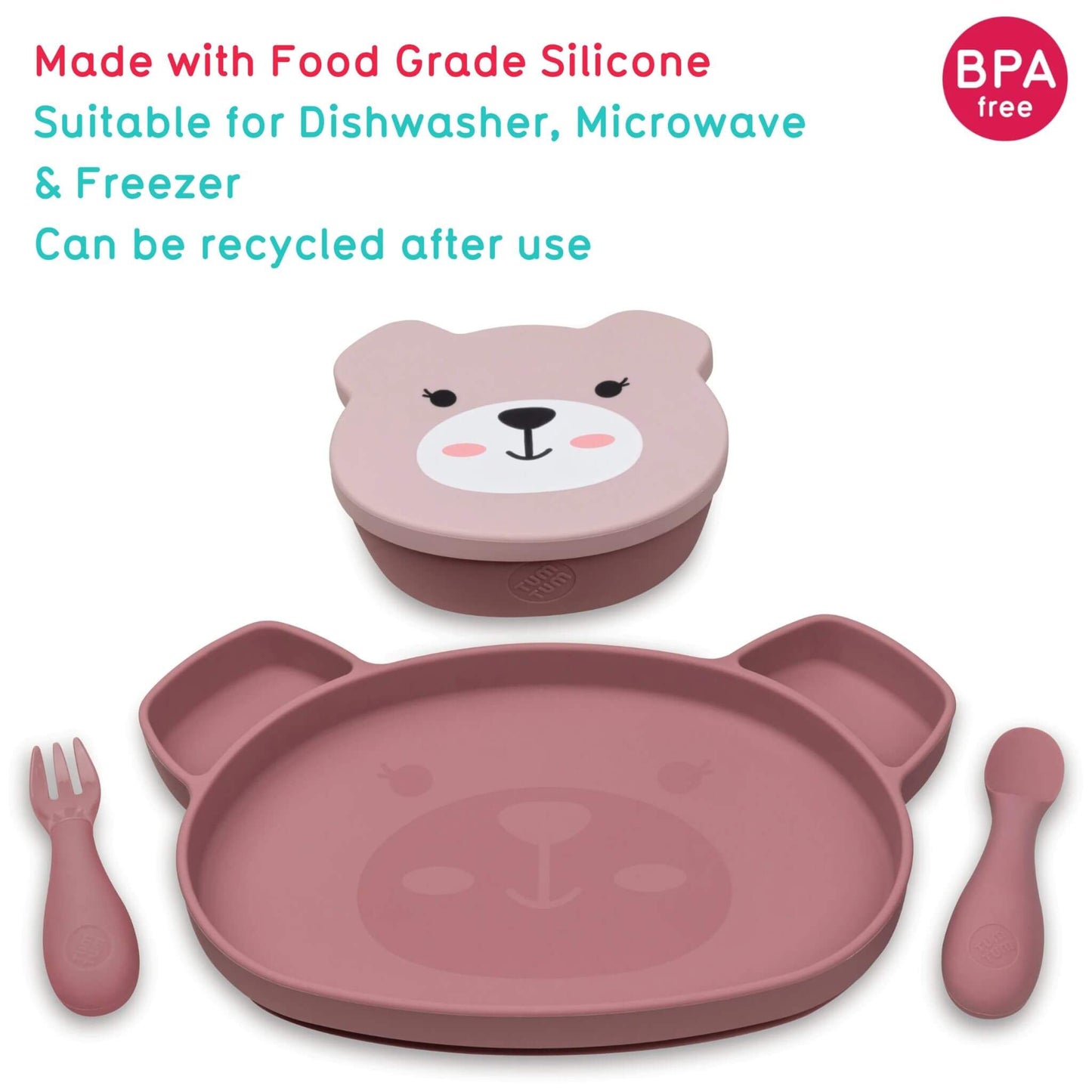 Kids' pink Betsy Bear character baby feeding set, featuring a bear-shaped plate, snack pot, spoon, and fork, made from BPA-free food-grade silicone