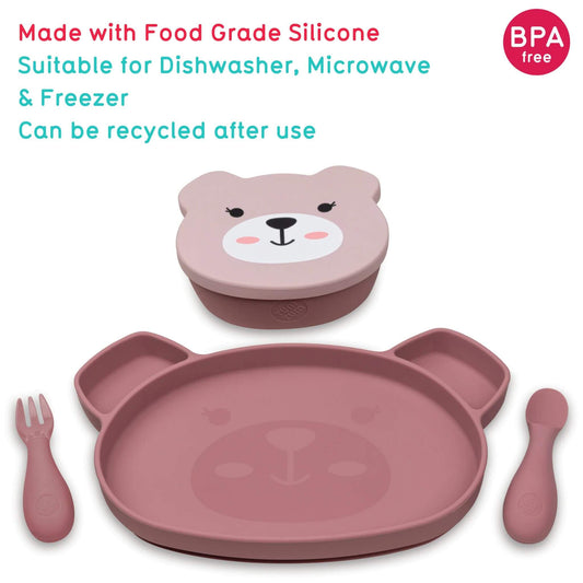 Kids' pink Betsy Bear character baby feeding set, featuring a bear-shaped plate, snack pot, spoon, and fork, made from BPA-free food-grade silicone