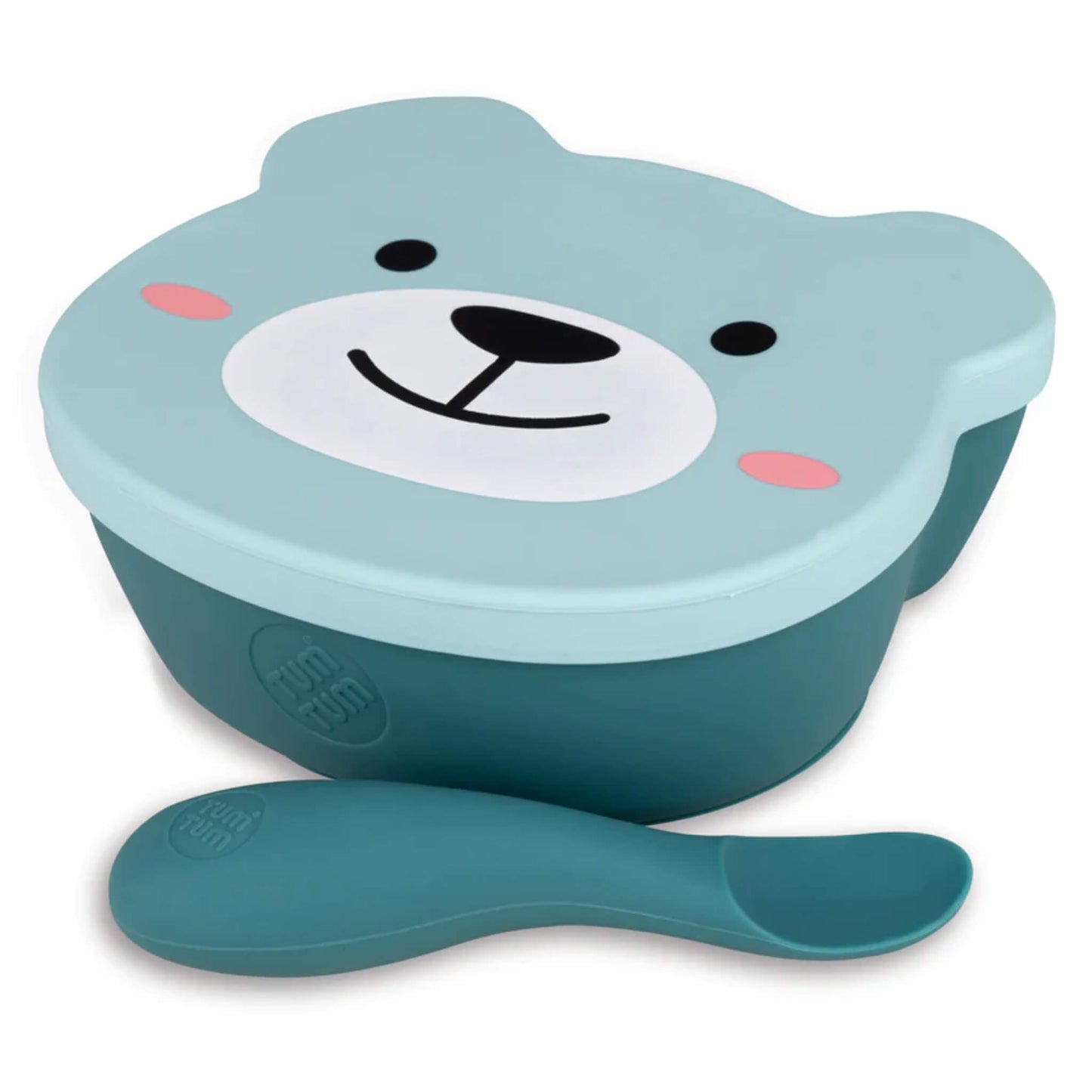 TUM TUM Baby Suction Bowl and Spoon Set in blue with bear-shaped silicone bowl, matching lid and chunky handled spoon.