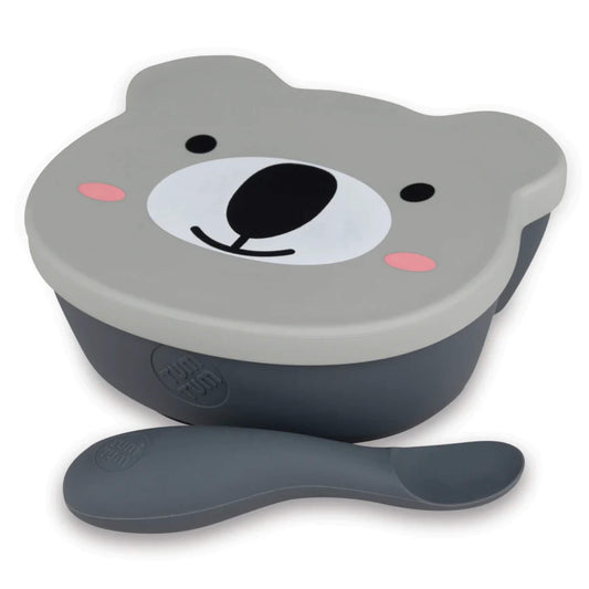TUM TUM Baby Suction Bowl & Spoon Set in grey, showing a bear-shaped silicone bowl with fitted lid and matching chunky handled spoon.