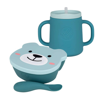 TUM TUM suction bowl and trainer cup bundle shown together on a white background, including a handled trainer cup, matching suction bowl with fitted lid, and soft weaning spoon.