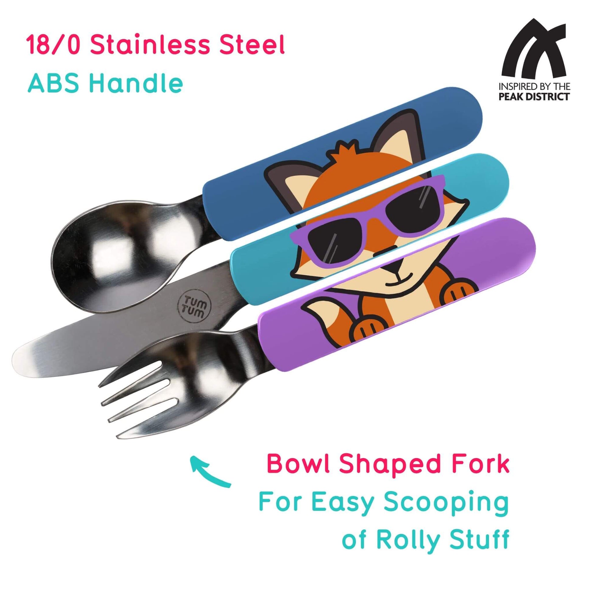 A kids cutlery set with a spoon, knife, and bowl-shaped fork featuring Felicity Fox handles and stainless steel, plus a travel case.