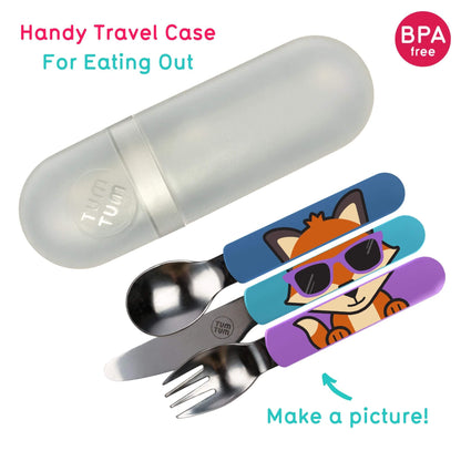 Toddler Cutlery Set with a spoon, knife, and bowl-shaped fork featuring Felicity Fox handles, BPA-free materials, and a handy travel case for eating out. Encourages kids to "Make a picture!" with the fun design.