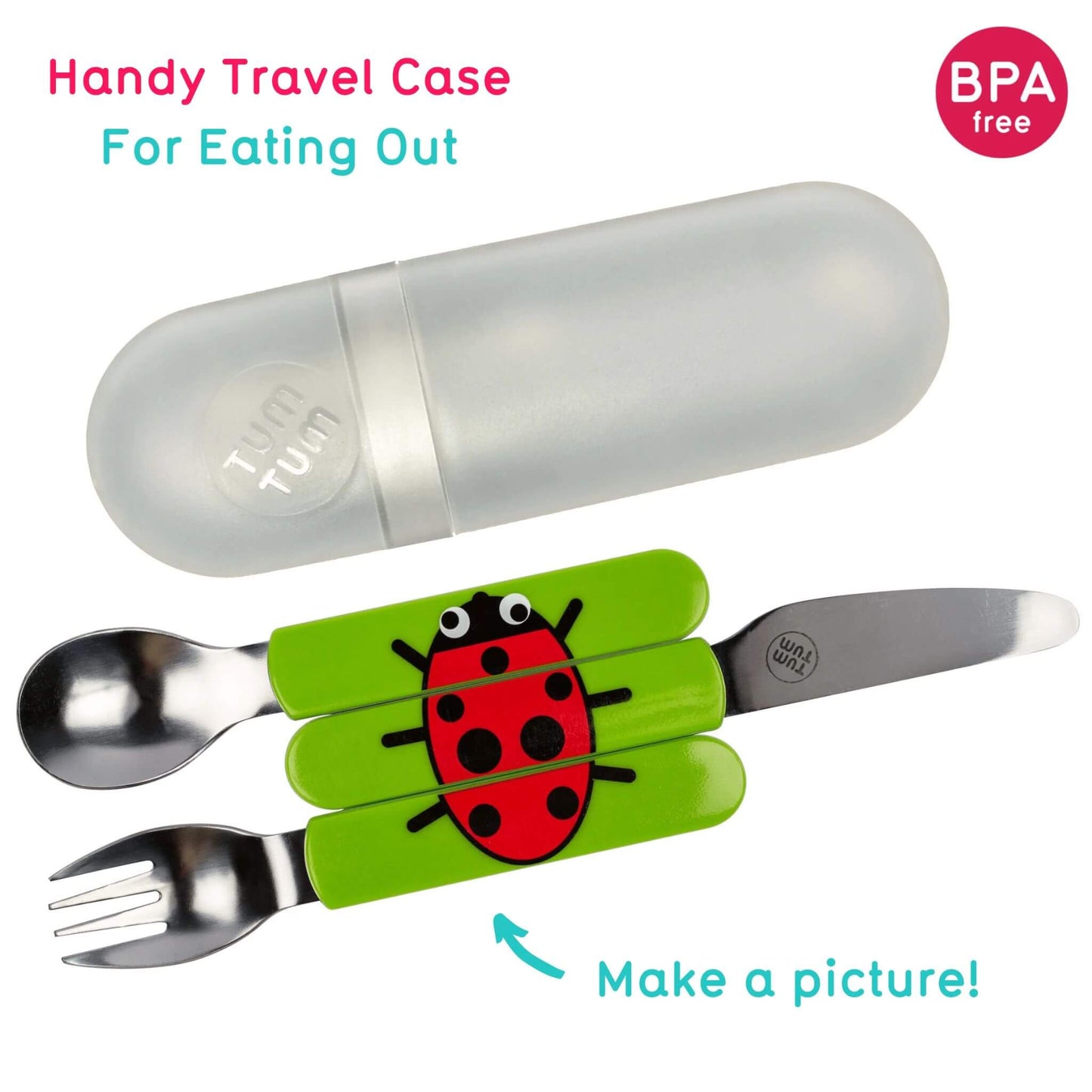 A toddler cutlery Set with a spoon, knife, and bowl-shaped fork featuring Ladybird handles, BPA-free materials, and a handy travel case for eating out. Encourages kids to "Make a picture!" with the fun design.