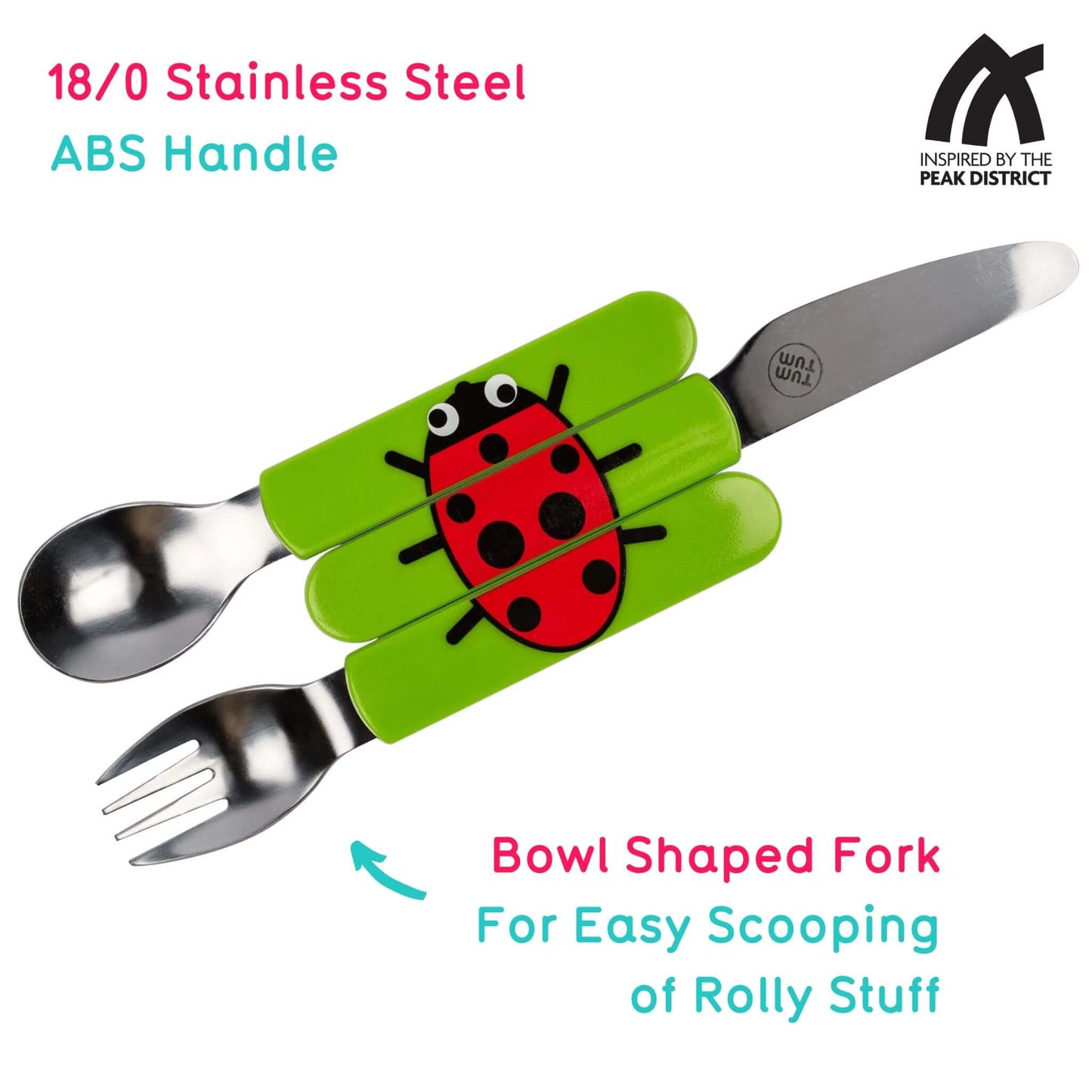 An illustrated kid's cutlery Set with a spoon, knife, and bowl-shaped fork featuring Ladybird handles and stainless steel, plus a travel case.
